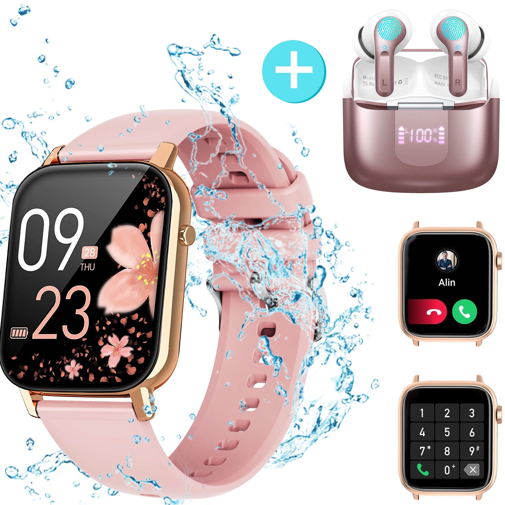 Tisoutec Smartwatch Damen Herren & Bluetooth Kopfhörer, Kopfhörer Combo Smartwatch (1.85 Zoll) Fitness Tracker Uhr für Damen Herren Smartwatch (1,85