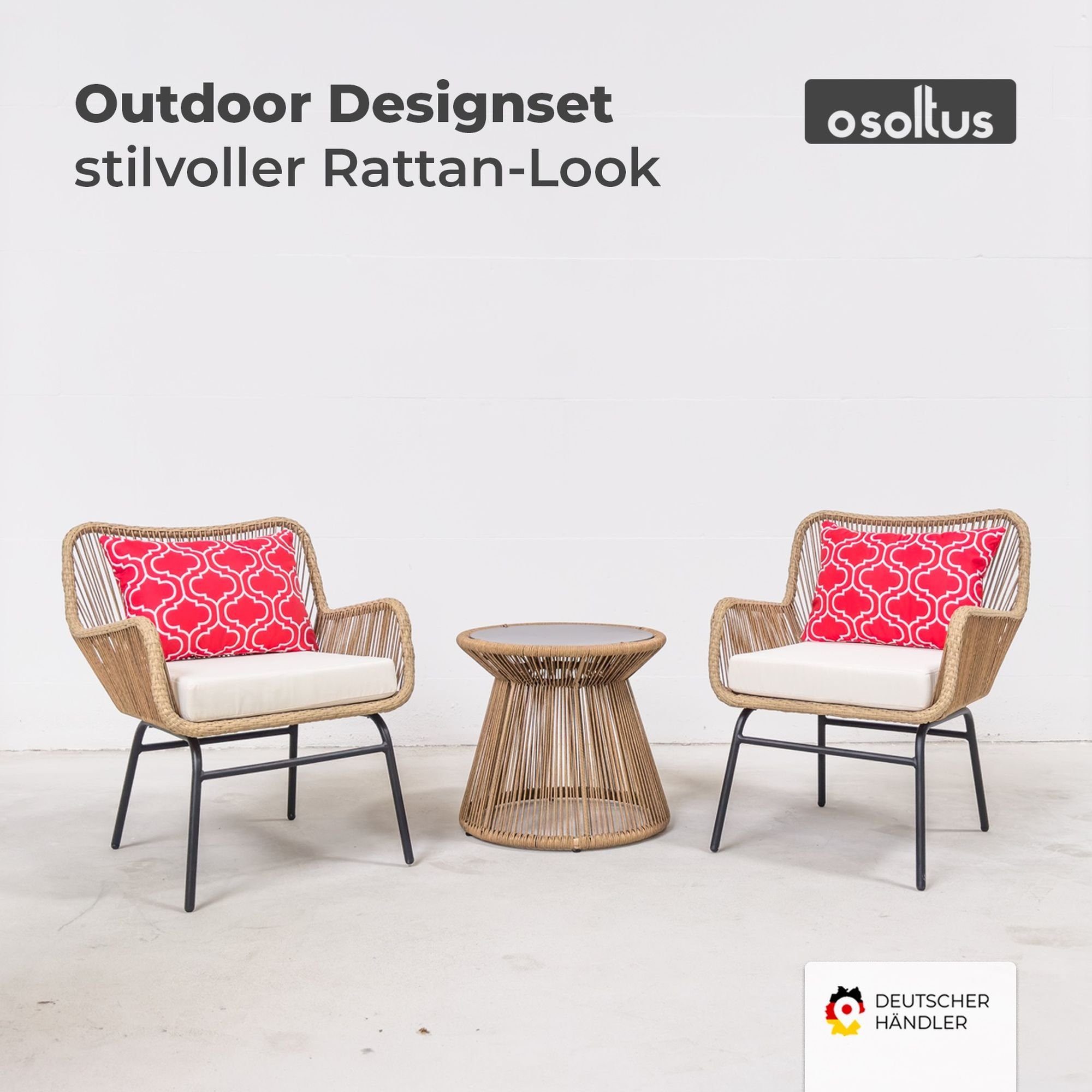 osoltus Gartenlounge-Set osoltus Lounge Set 2 Sessel mit Tisch und Kissen im Rattan Look