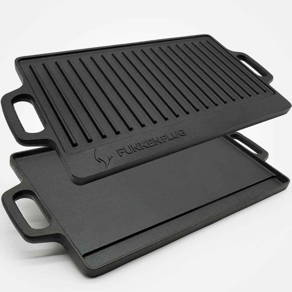 Funkenflug Grillplatte Grillplatte Gusseisen [45,5x23 cm] für sensationelle Grill Ergebnisse (ohne Anbrennen - Gussplatte für Gasgrill, Holzkohlegrill, Ofen & Herd -, 1-St., Grillplatte Gasgrill mit Fettauffangfläche), 2 in 1 Gussplatte