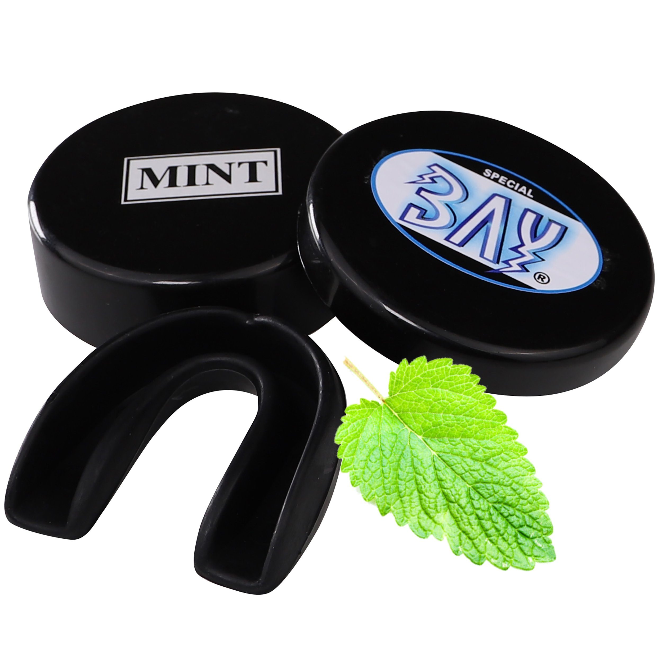 BAY-Sports Zahnschutz Zahnschützer mit Pfefferminz Aroma Boxen schwarz Mundschutz Sport Sportmundschutz (Für Vollkontakt geeignet, Minz Geschmack), Kampfsport, MMA, Krav Maga, Judo. Karate, Ballsport, Kickboxen, Taekwondo