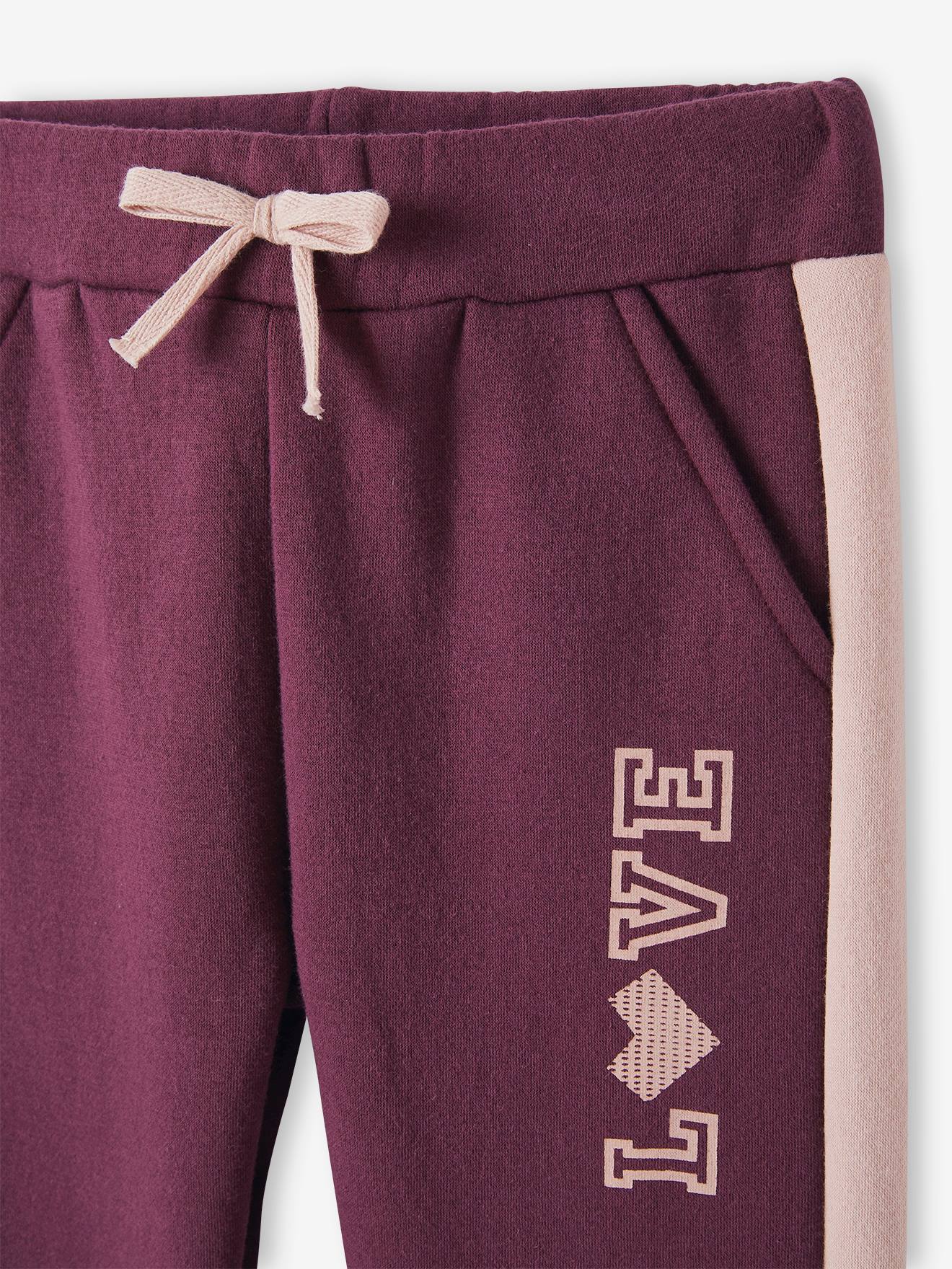 Pantalon de sport fille en molleton bandes côtés prune