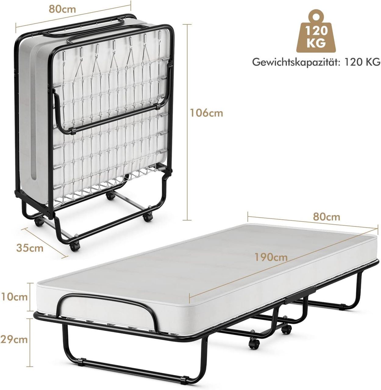 Costway 80x190cm Gästebett mit 10cm Dicker Memoryschaum-Matratze