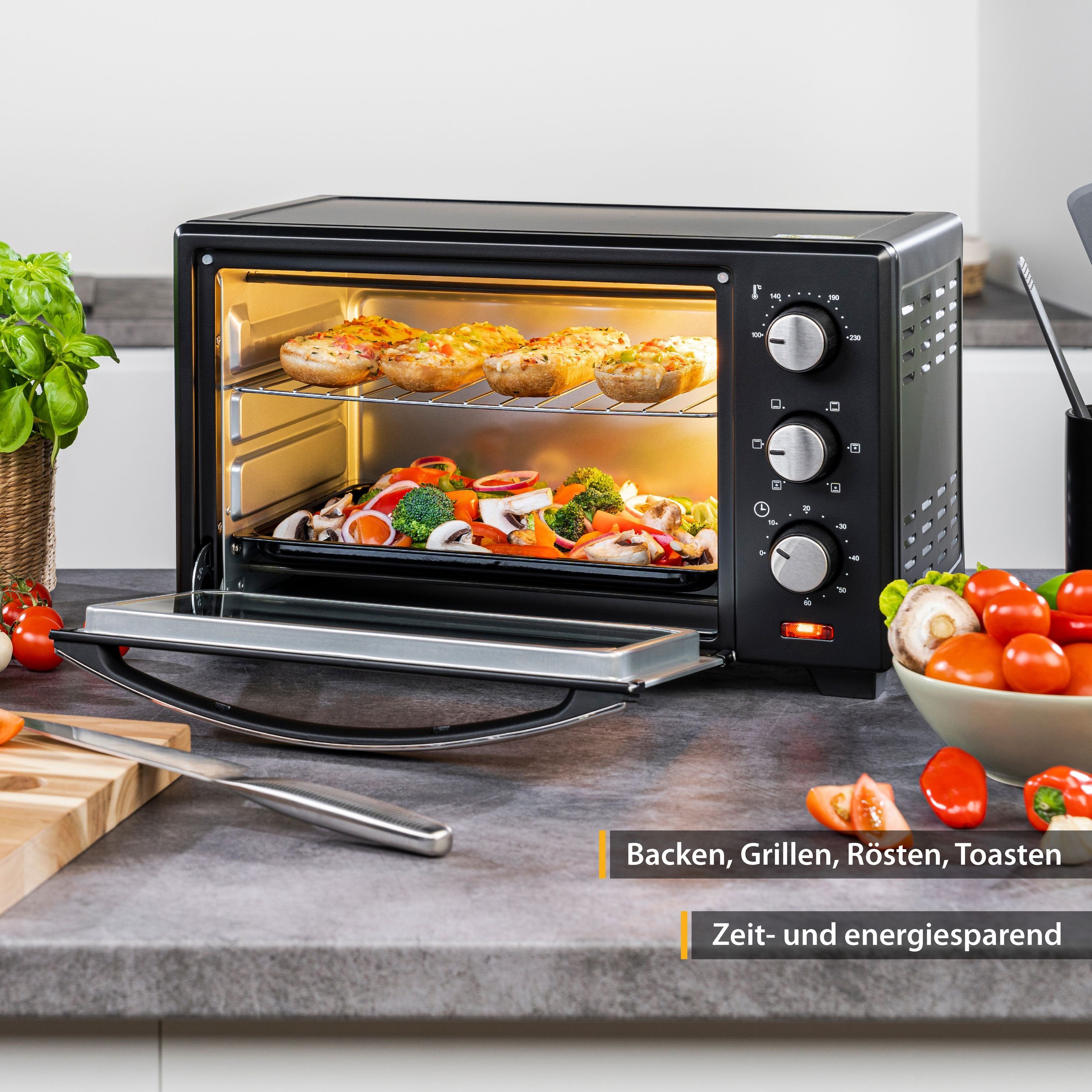 TZS FIRST AUSTRIA Minibackofen 20L Mini Backofen, 1380W, Unter-Oberhitze, bis 230 Grad, Doppelglastür, stufenlose Temperaturregelung, 60 Min Timer, Mini Ofen, Krümelblech