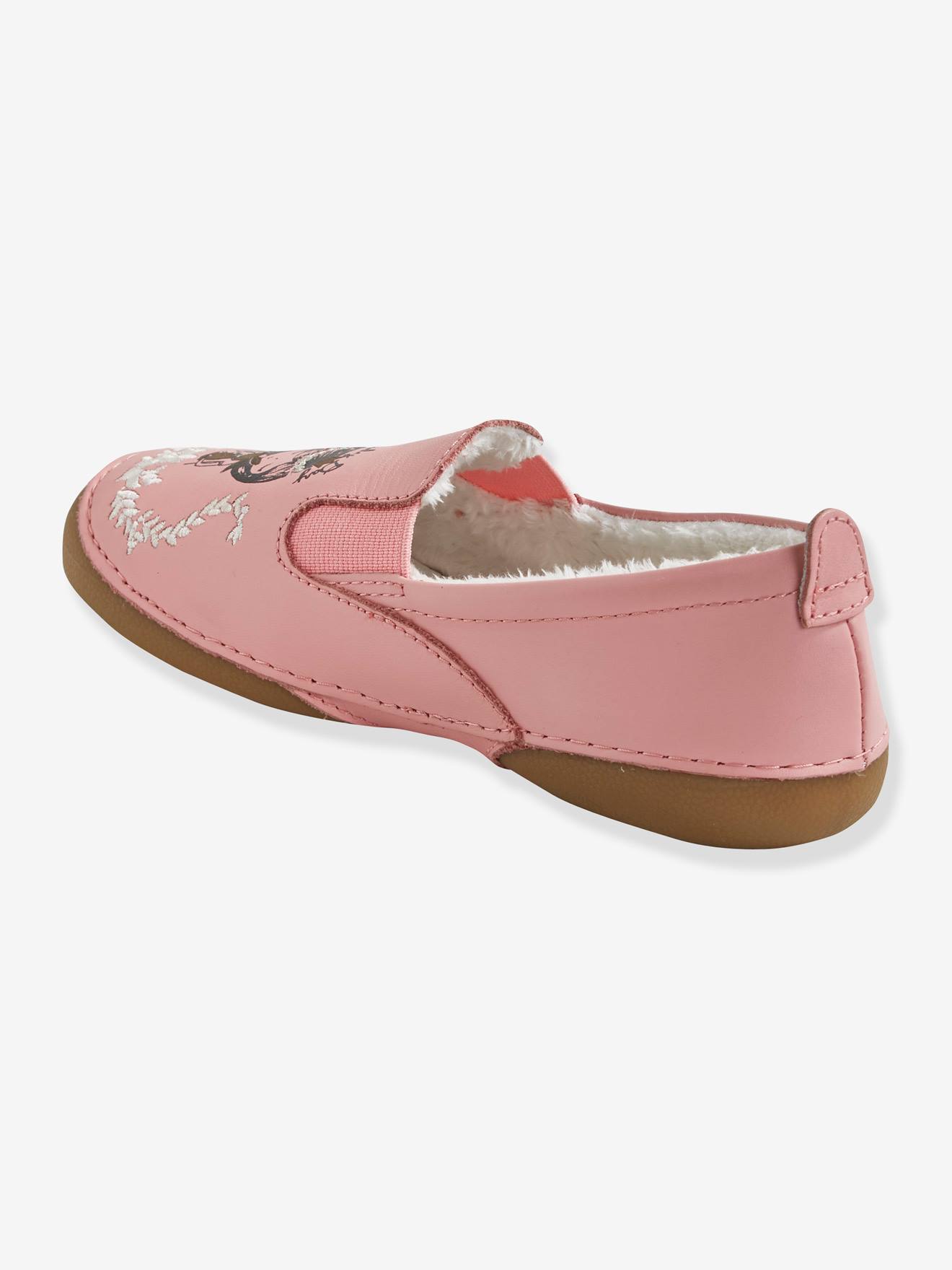 Chaussons fourrés fille en cuir rose