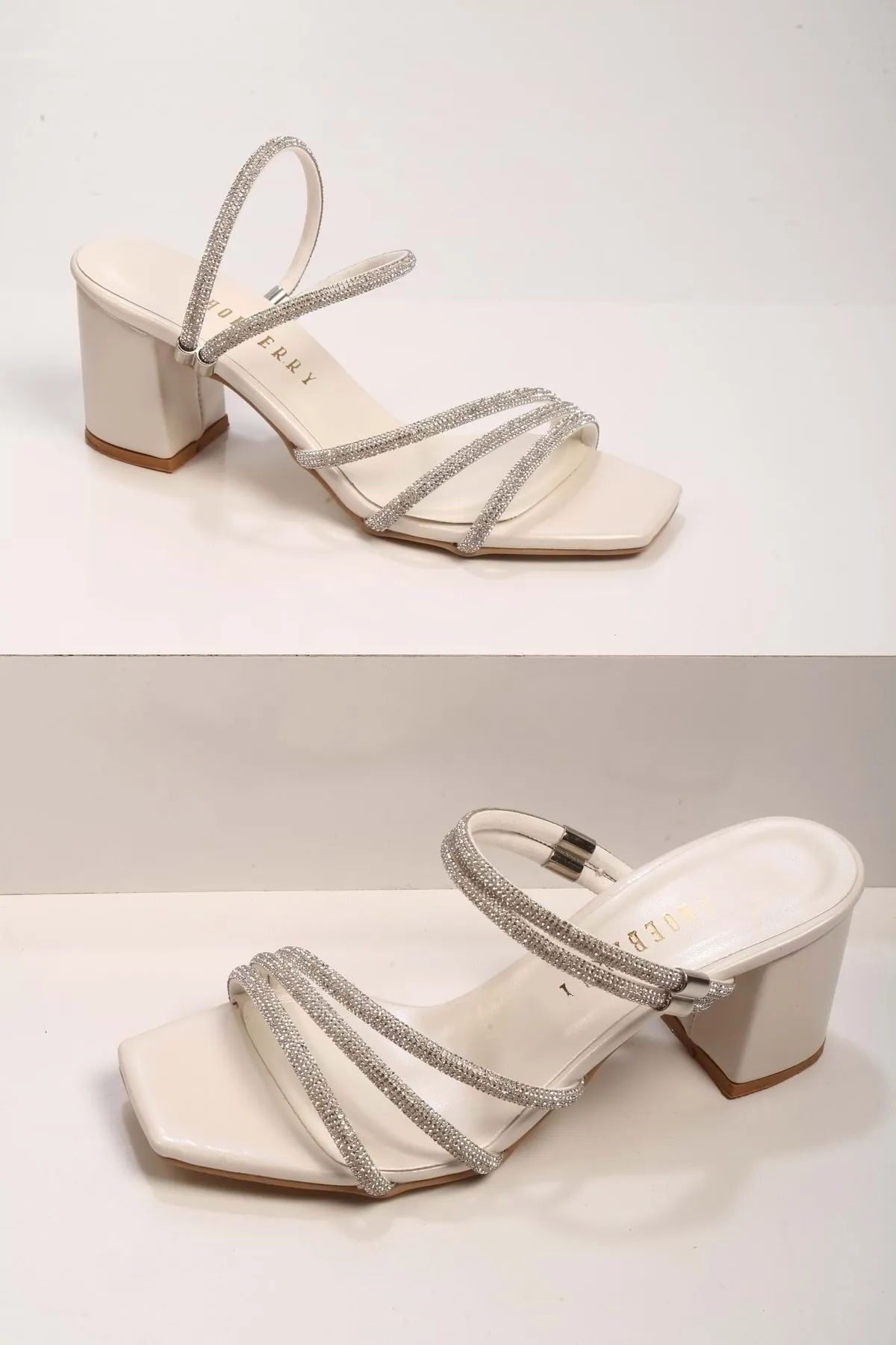 Shoeberry  Damen-Hausschuhe und Schuhe von Poas aus Perlmutt-Satin und Stein mit Absatz