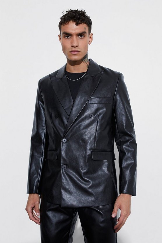 Lockerer zweireihiger PU-Blazer