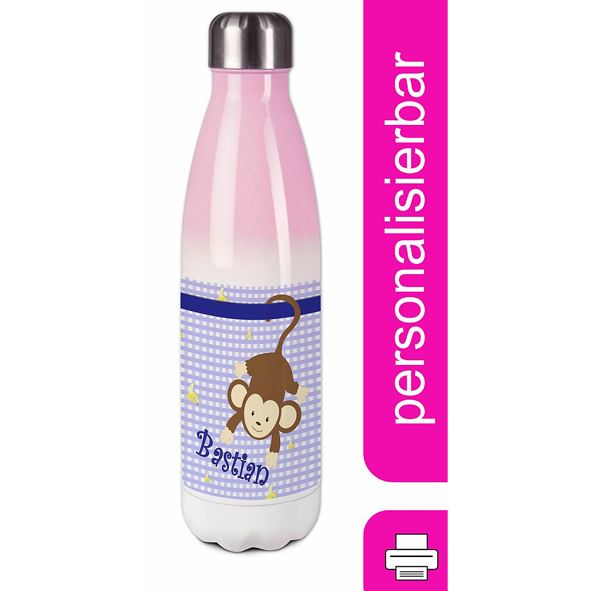 Edelstahl Kinder Thermoflasche / Trinkflasche bunt Affe hängend Farbe blau Spülmaschinenfest, Auslaufsicher, Bruchfest, Doppelwandig, Für Heißgetränke geeignet, Mit Deckel, Isoliert