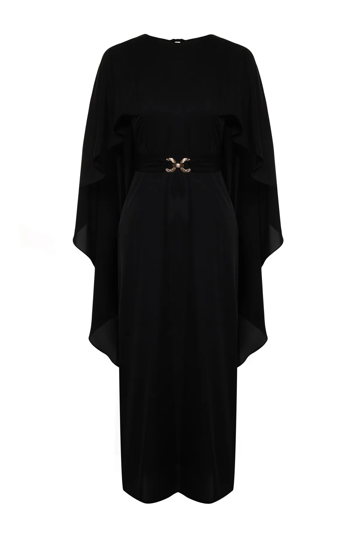 Trendyol Modest  Schwarzes, stilvolles, gewebtes Abendkleid mit Cape-Gürtel und Detail TCTSS24DB00003
