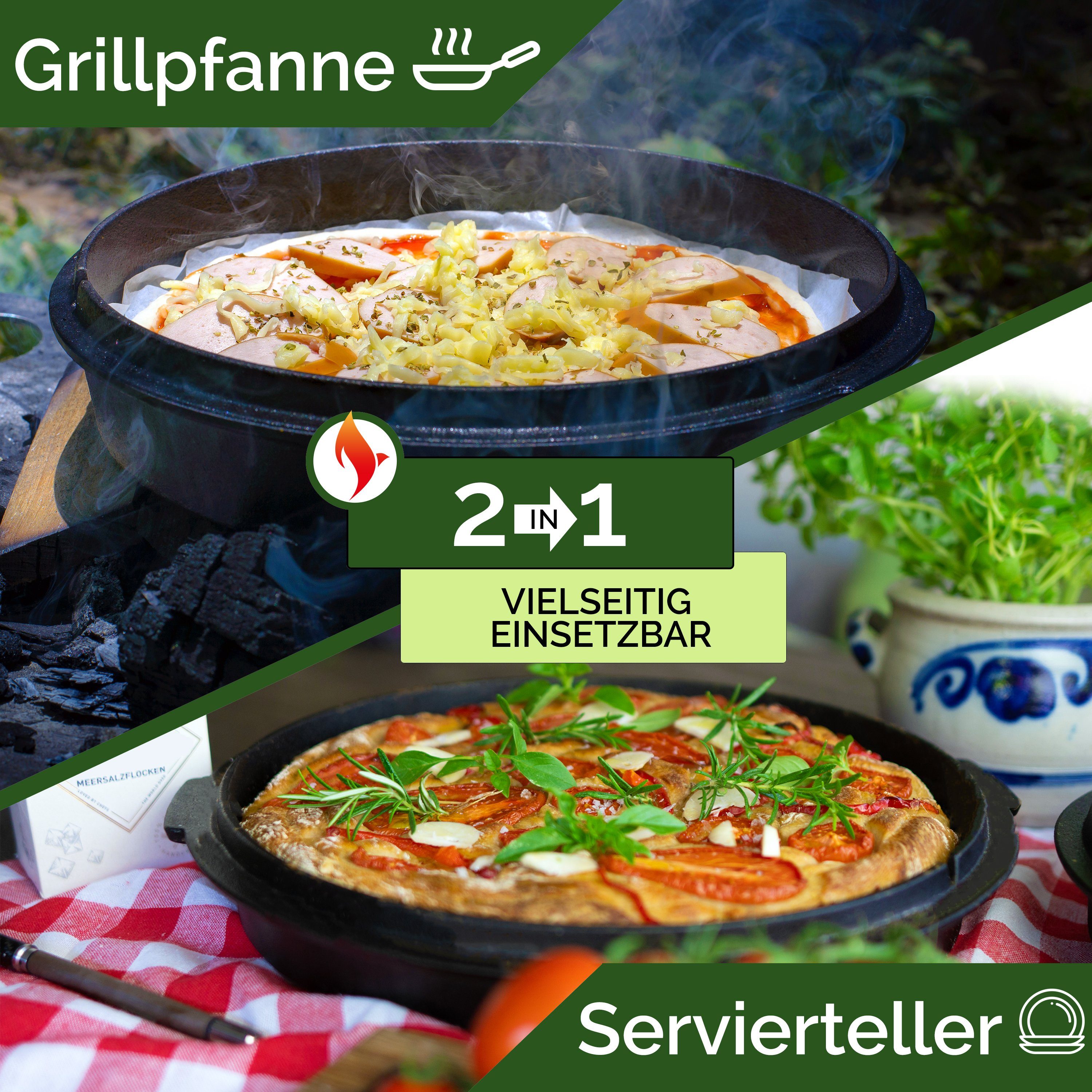 Funkenflug Feuertopf Eingebranntes Dutch Oven Set - für gesellige Grill Abenteuer, Gusseisen (Dutch Oven Set, Braeter, 5-tlg., - BBQ Feuertopf aus massivem dickwandigen Gusseisen), inkl Edelstahluntersetzer & Dutch-Oven Zubehör Set