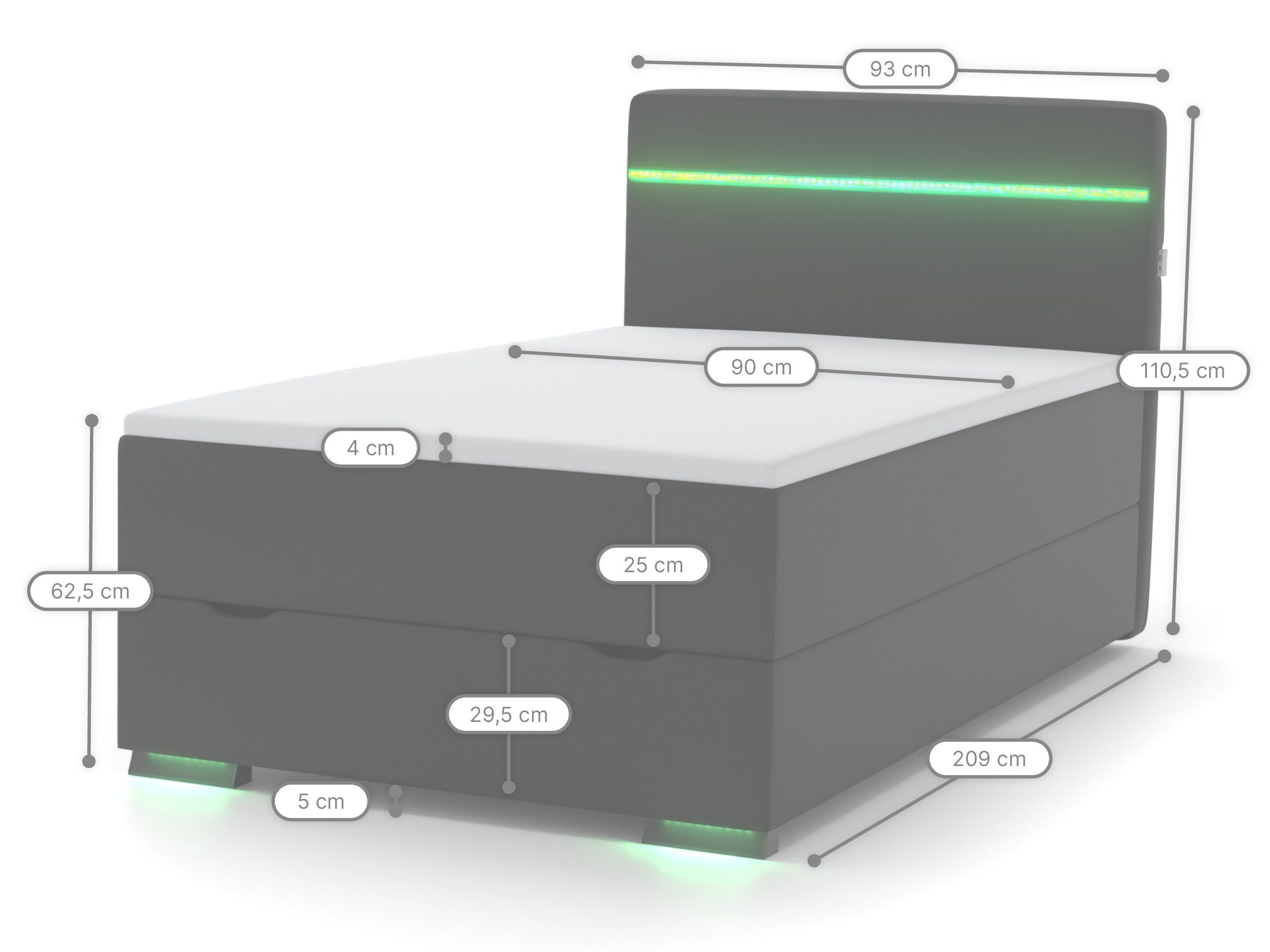 wonello Boxspringbett Ontario, mit Bettkasten, LED-Beleuchtung, 2x USB-Anschluss und Topper