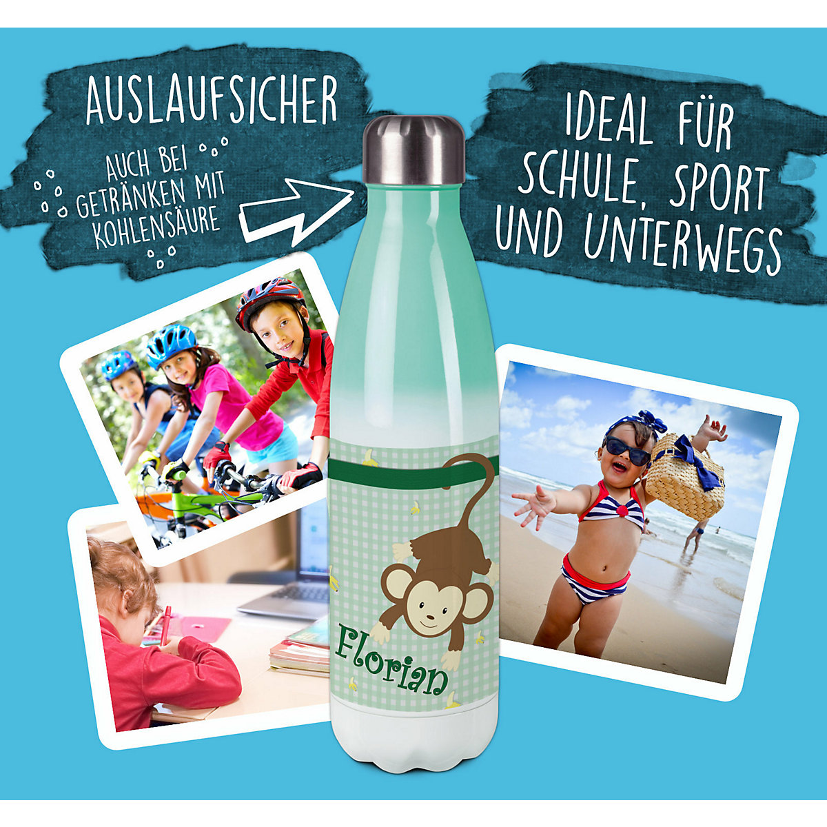 Edelstahl Kinder Thermoflasche / Trinkflasche bunt Affe hängend Farbe grün Spülmaschinenfest, Auslaufsicher, Bruchfest, Doppelwandig, Für Heißgetränke geeignet, Mit Deckel, Isoliert