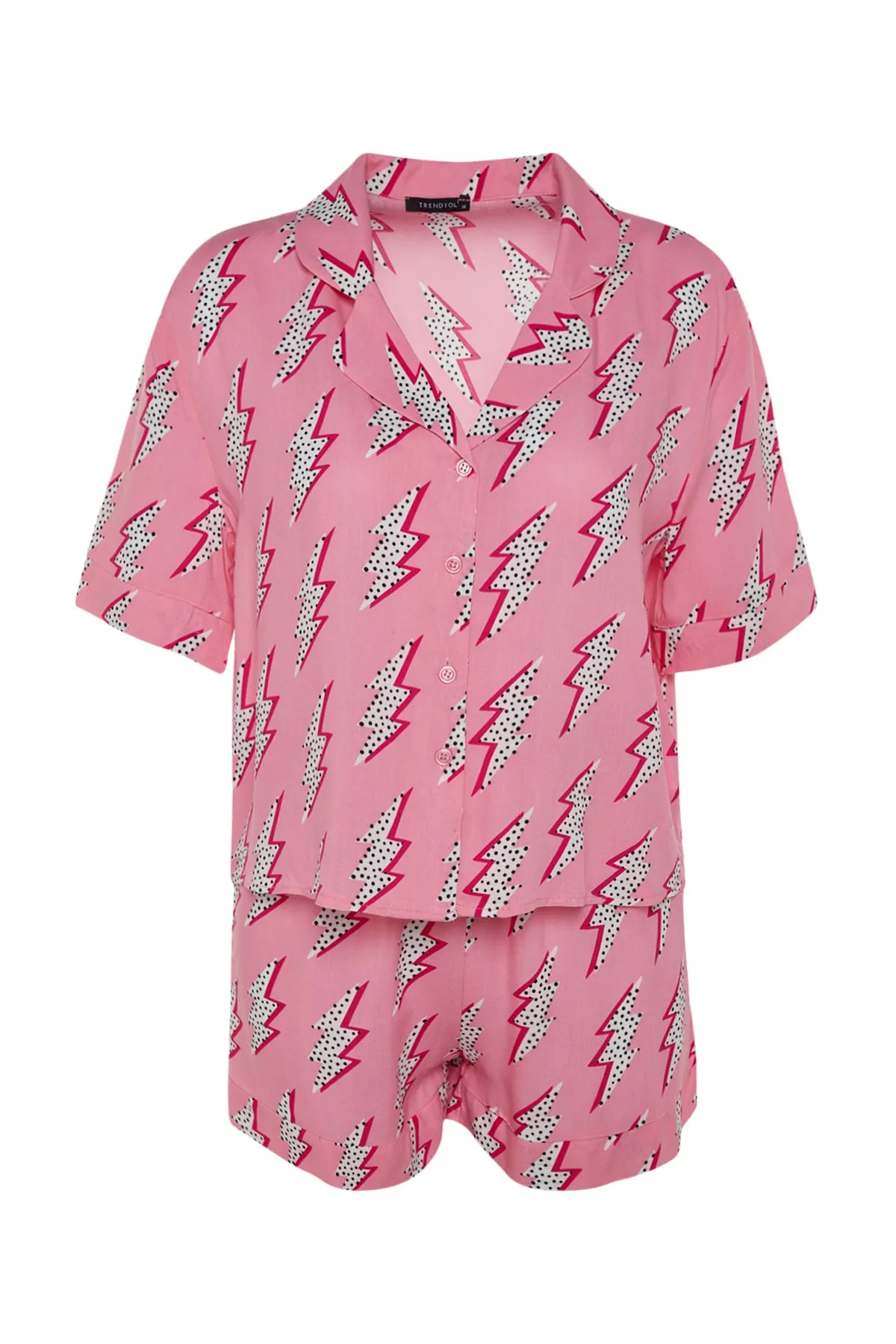 Trendyol Collection  Rosa gemustertes Pyjama-Set aus Viskose-Shirt und Shorts THMSS21PT0296