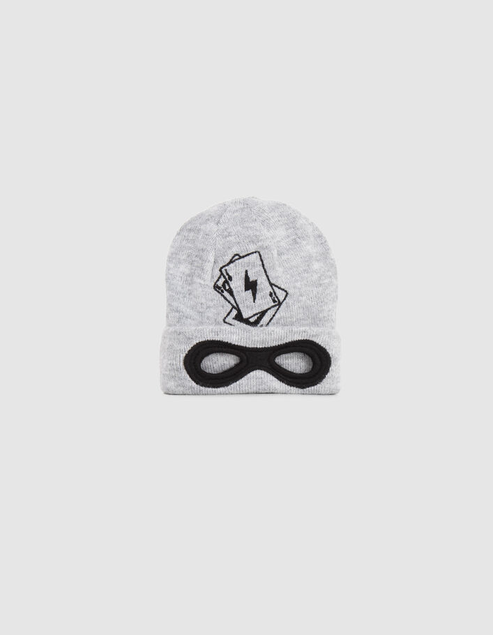 Bonnet gris tricot brodé découpe masque bébé garçon