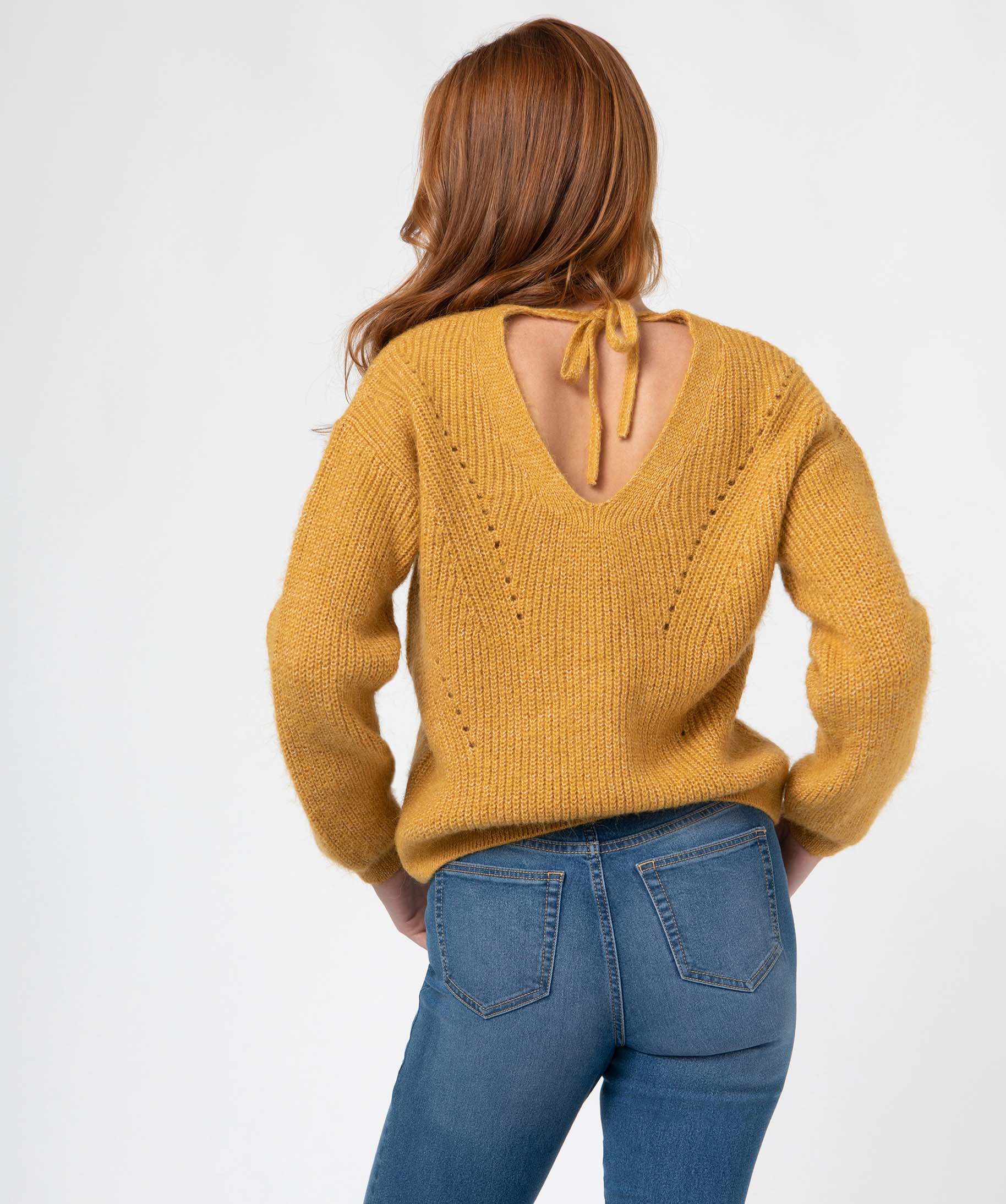 Pull femme en grosse maille à double col V jaune | GEMO