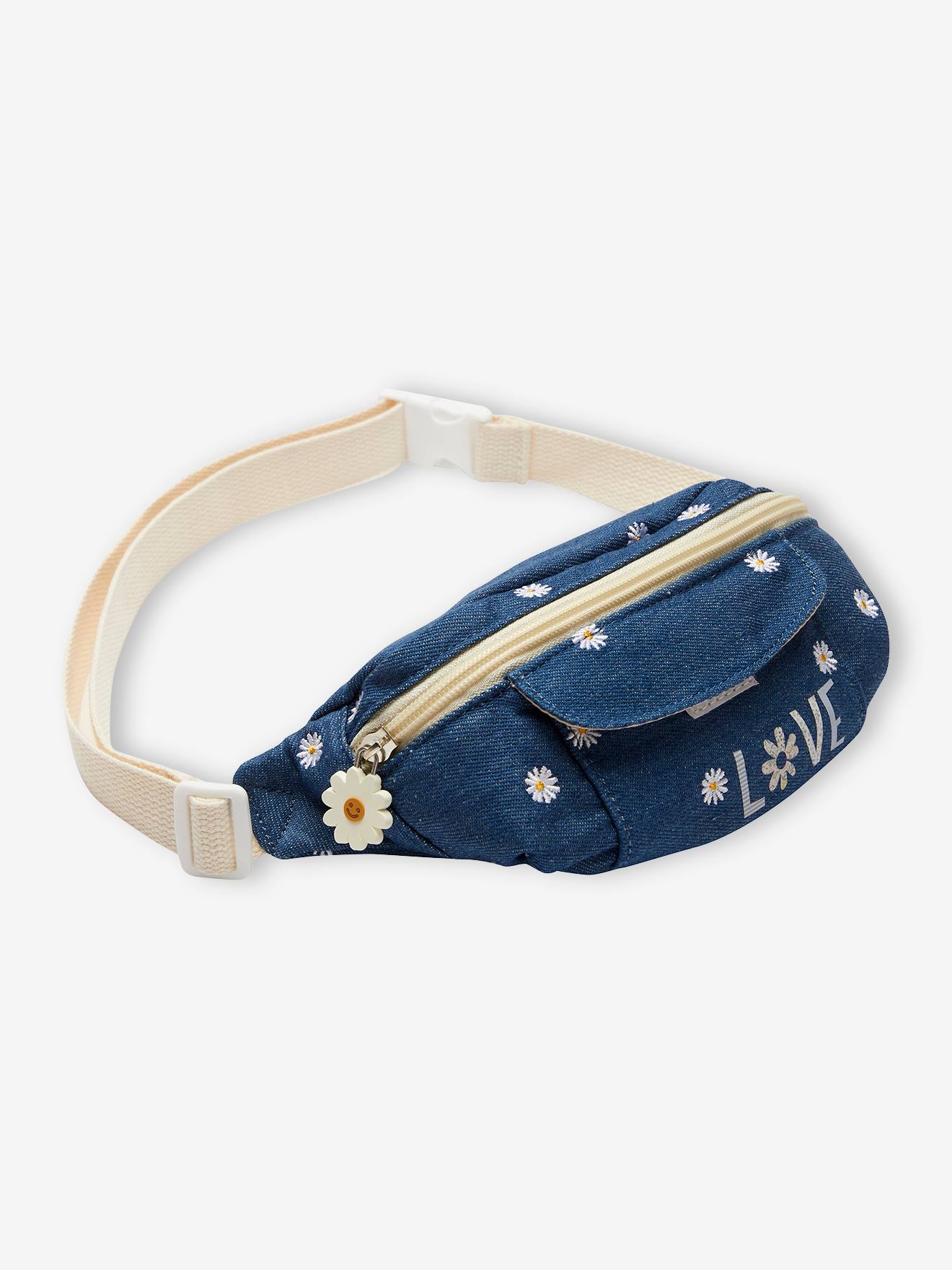 Sac banane fille en denim brodé bleu jean