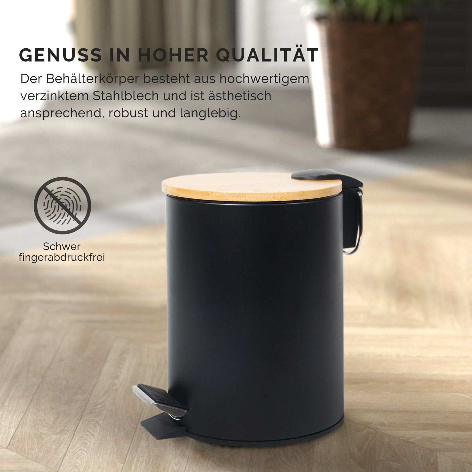 GREELUE Mülleimer Kosmetikeimer Metall, Badezimmer Mülleimer mit deckel, Mülleimer Bad mit Absenkautomatik (Soft Close),Schwarz 3L