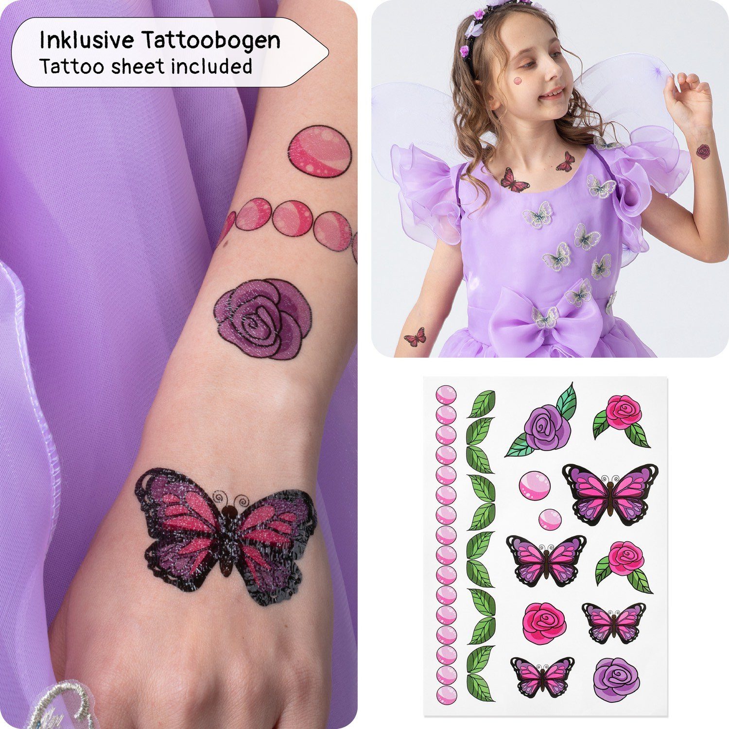 Corimori Prinzessin-Kostüm Prinzessin Kleid Kostüm-Set für Kinder Schmetterling, mit Tattoos & Haarband, Feen-Kleid, Fasching, lila, Fee, Mädchen