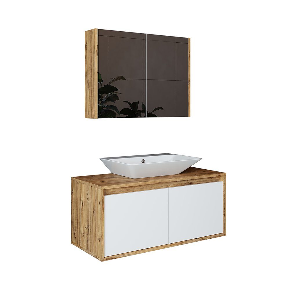 Roomart Badmöbel-Set, (Badmöbel Set 3-teilig 100cm Unterschrank mit Waschbecken Spiegelscrank)