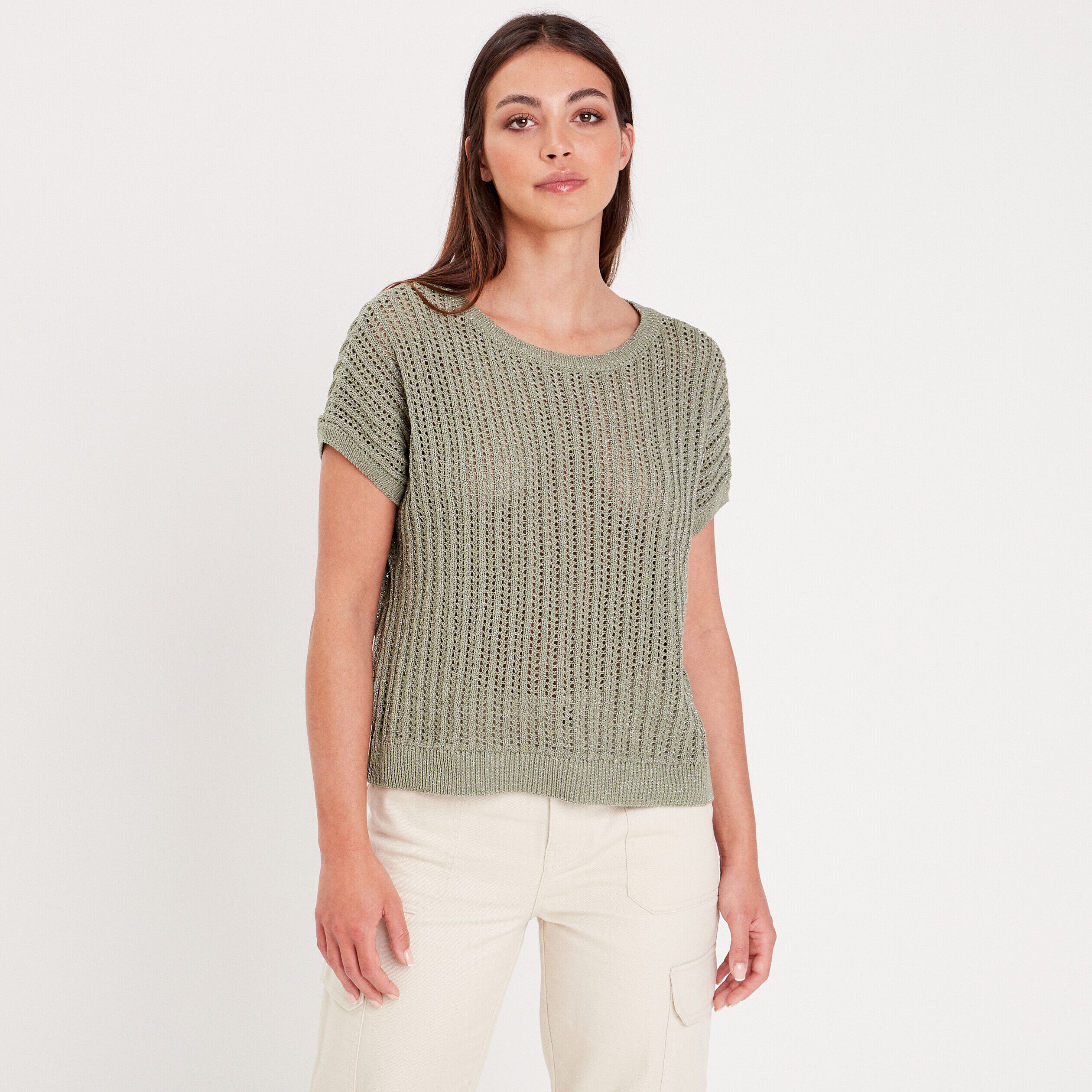 Pull ajouré manches courtes vert kaki femme | Cache Cache