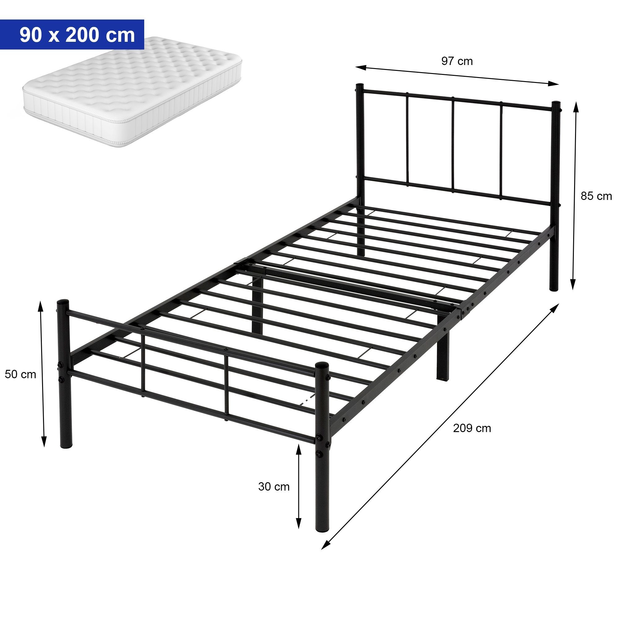 ML-DESIGN Metallbett Bettgestel Schlafzimmerbet Kinder Jugendliche Erwachsene, Gästebett, Schwarz 90x200cm Stahlrahmen robust leichte Montage