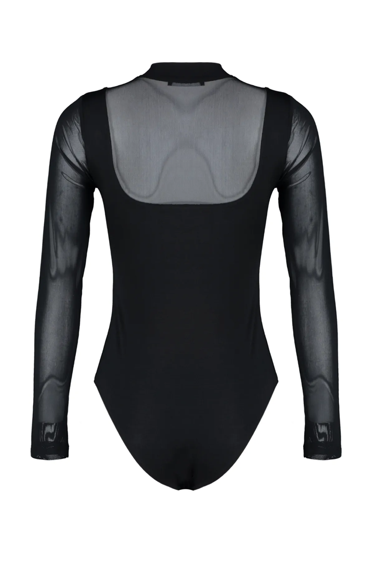 Trendyol Collection  Schwarzer schmaler, langärmliger Stretch-Strickbody mit Druckknopfverschluss und Tülldetail TWOAW24BD00049