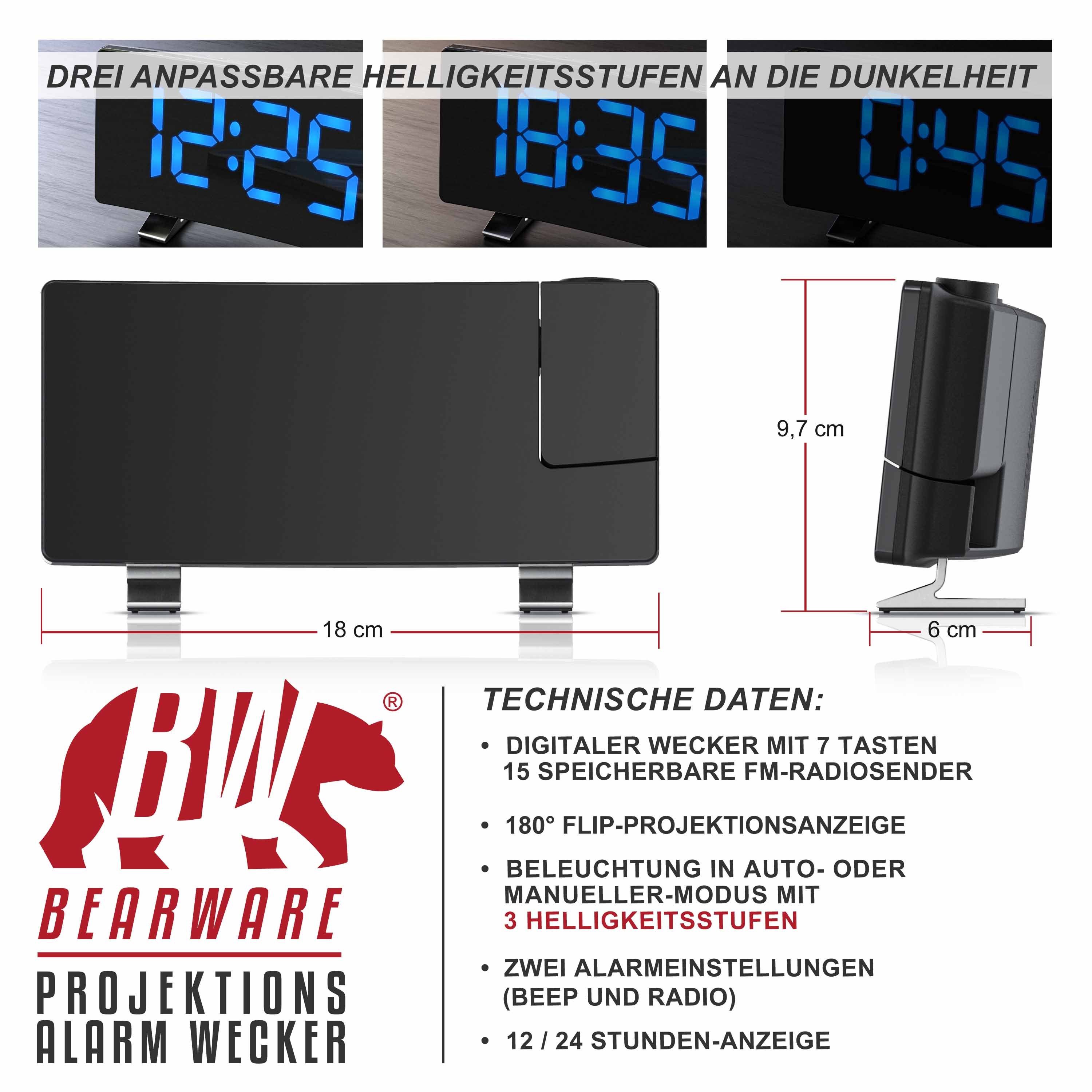 Brandson Projektionswecker Projektions Radio Wecker digital - Dimmer – Snooze – 15 Radiospeicher