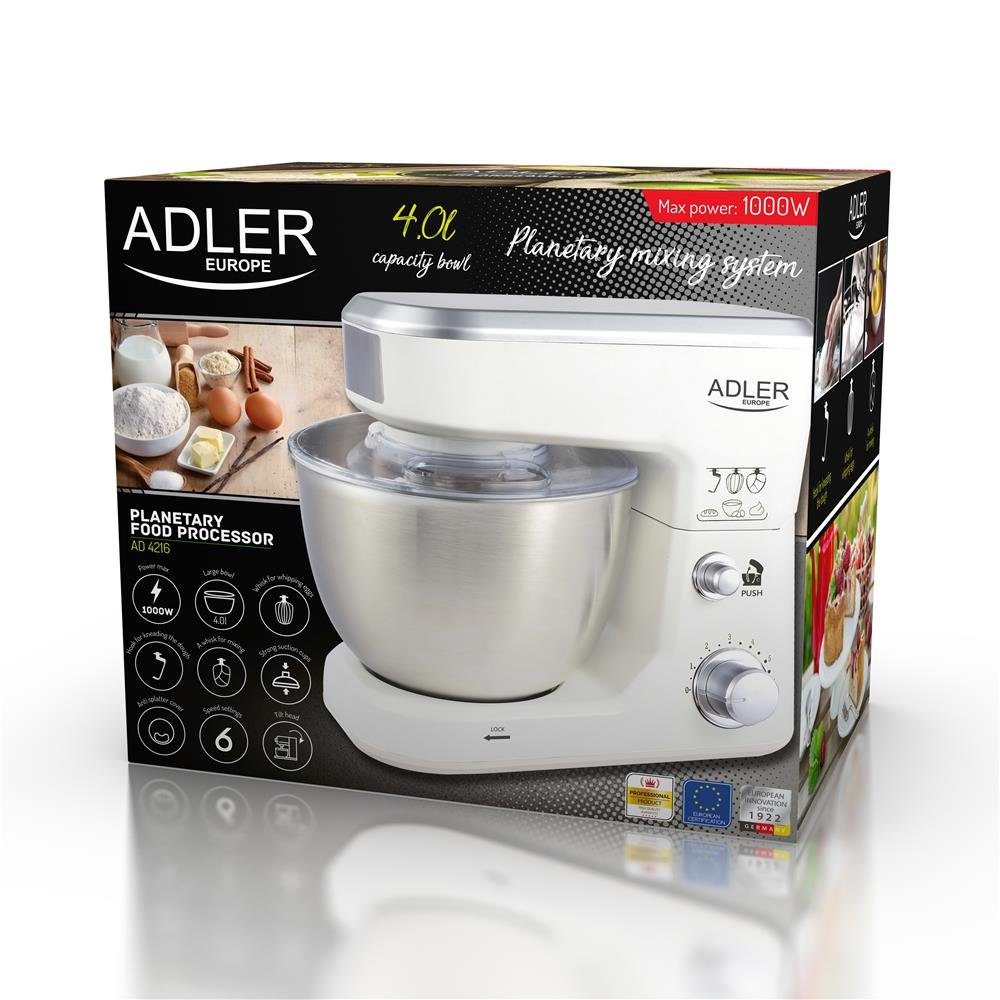 Adler Küchenmaschine AD 4216, 1000 Watt, 4 Liter Schüssel, Rührmaschine, Knetmaschine, Schwenkkopf