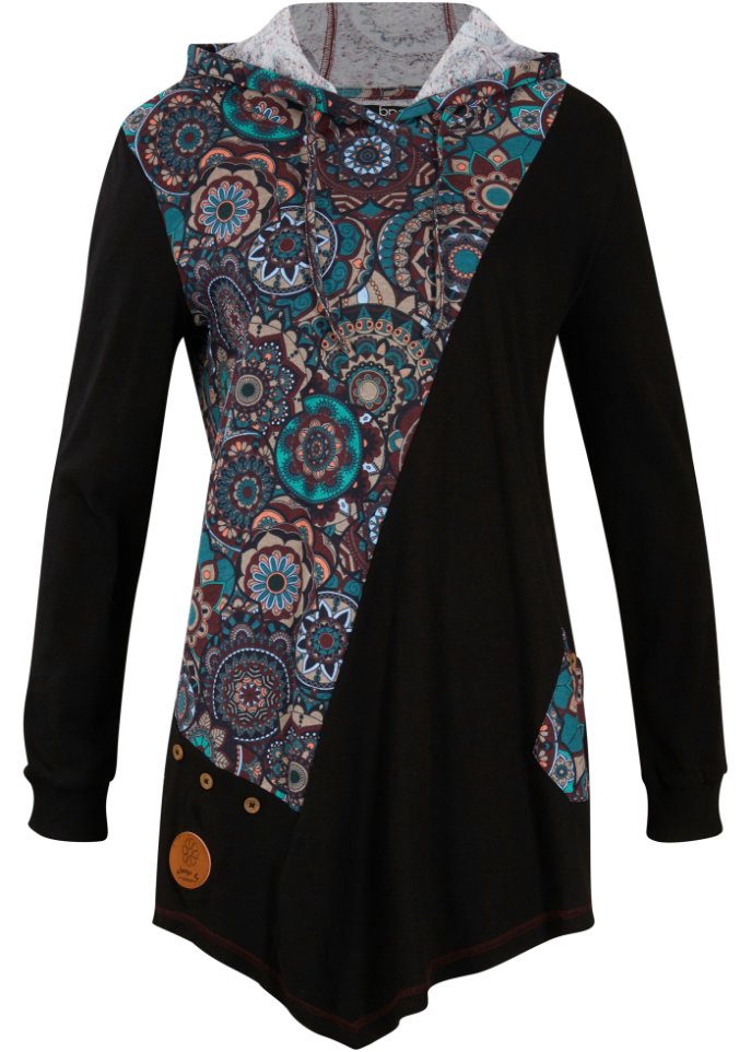 Kapuzenshirt mit Zipfelsaum und Patchwork-Optik, langarm