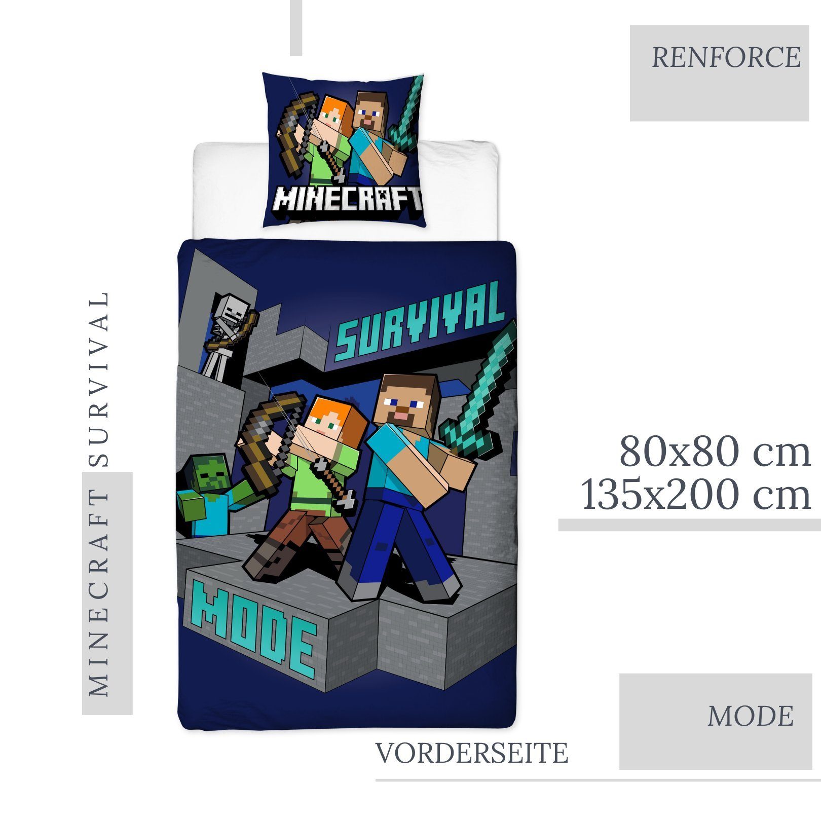 Bettwäsche Minecraft 135x200 + 80x80 cm, 100 % Baumwolle, MTOnlinehandel, Renforcé, 2 teilig, coole & starke Kinder- und Jugendbettwäsche 