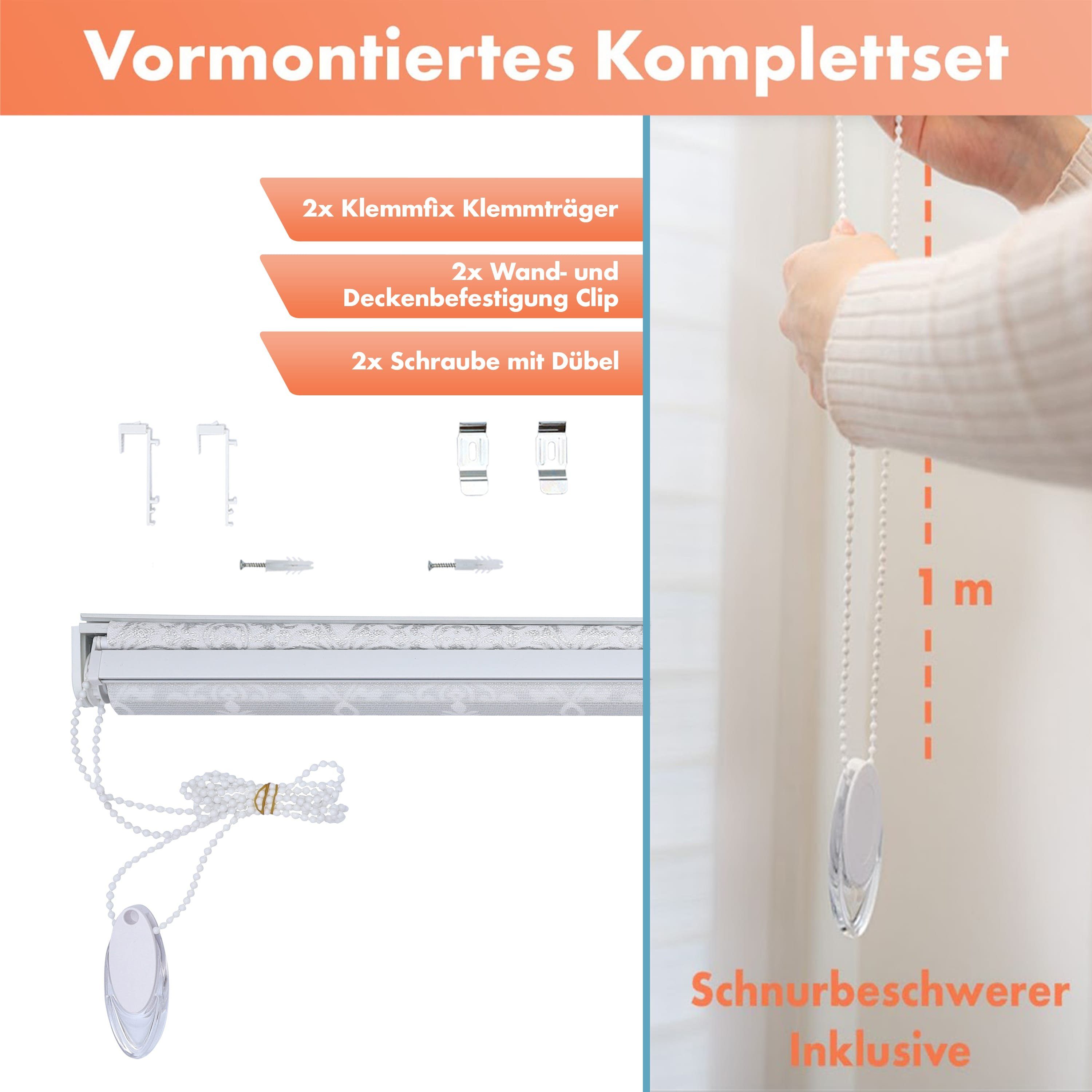 Doppelrollo mit Muster, Duo Rollo Klemmfix, Seitenzugrollo, Bailena, Lichtschutz, ohne Bohren, freihängend, Klemmfix, Barock Ornamente, gemustert, glitzernd