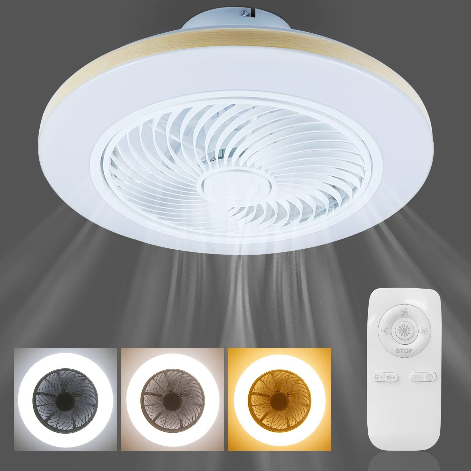 ZMH Deckenventilator Led mit Beleuchtung Fan Leise Fernbedienung Timer Dimmbar, 50 x 50 x 20 cm