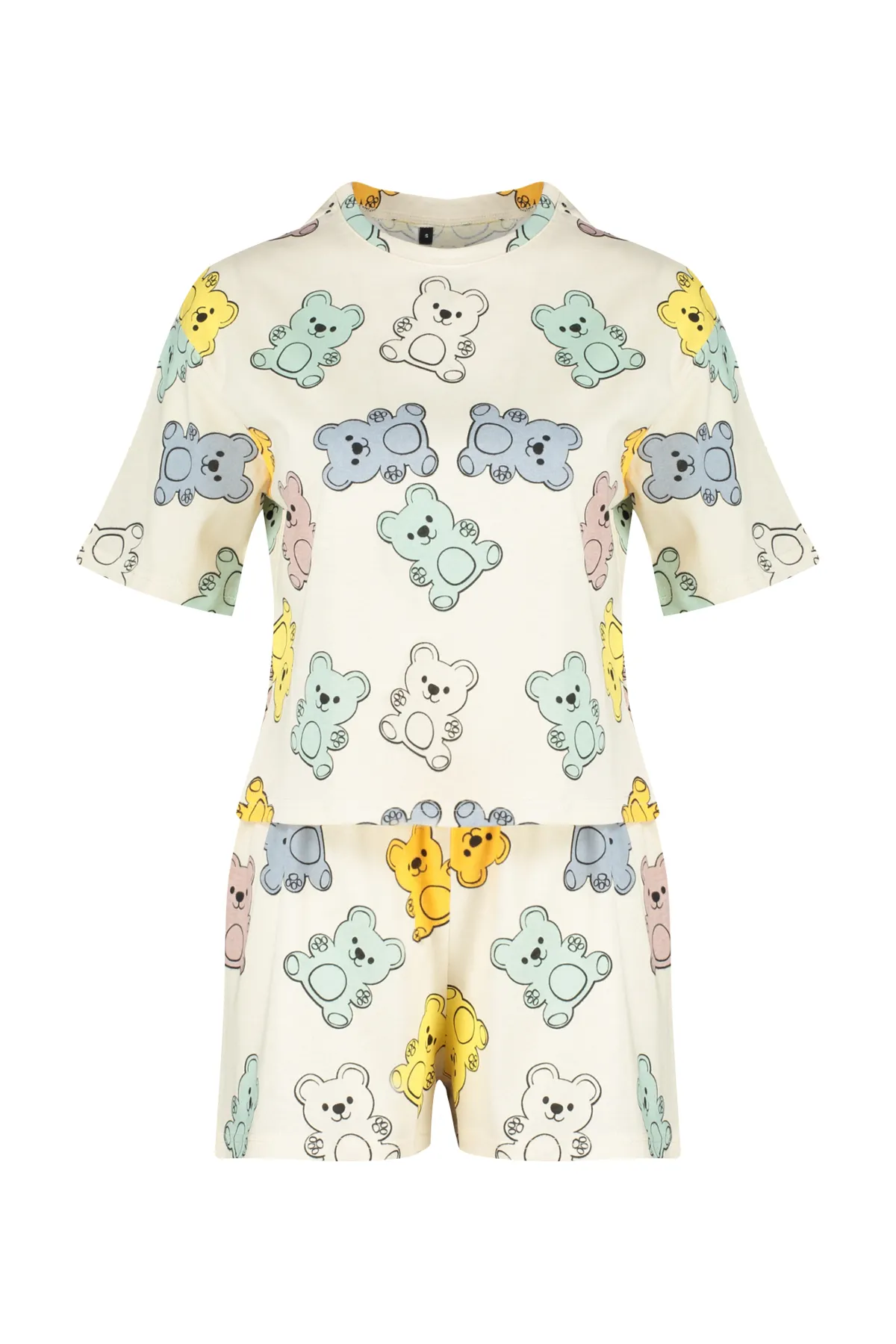Trendyol Collection  Ecrufarbenes Strick-Pyjama-Set aus 100 % Baumwolle mit Teddybär-Muster THMSS24PT00072