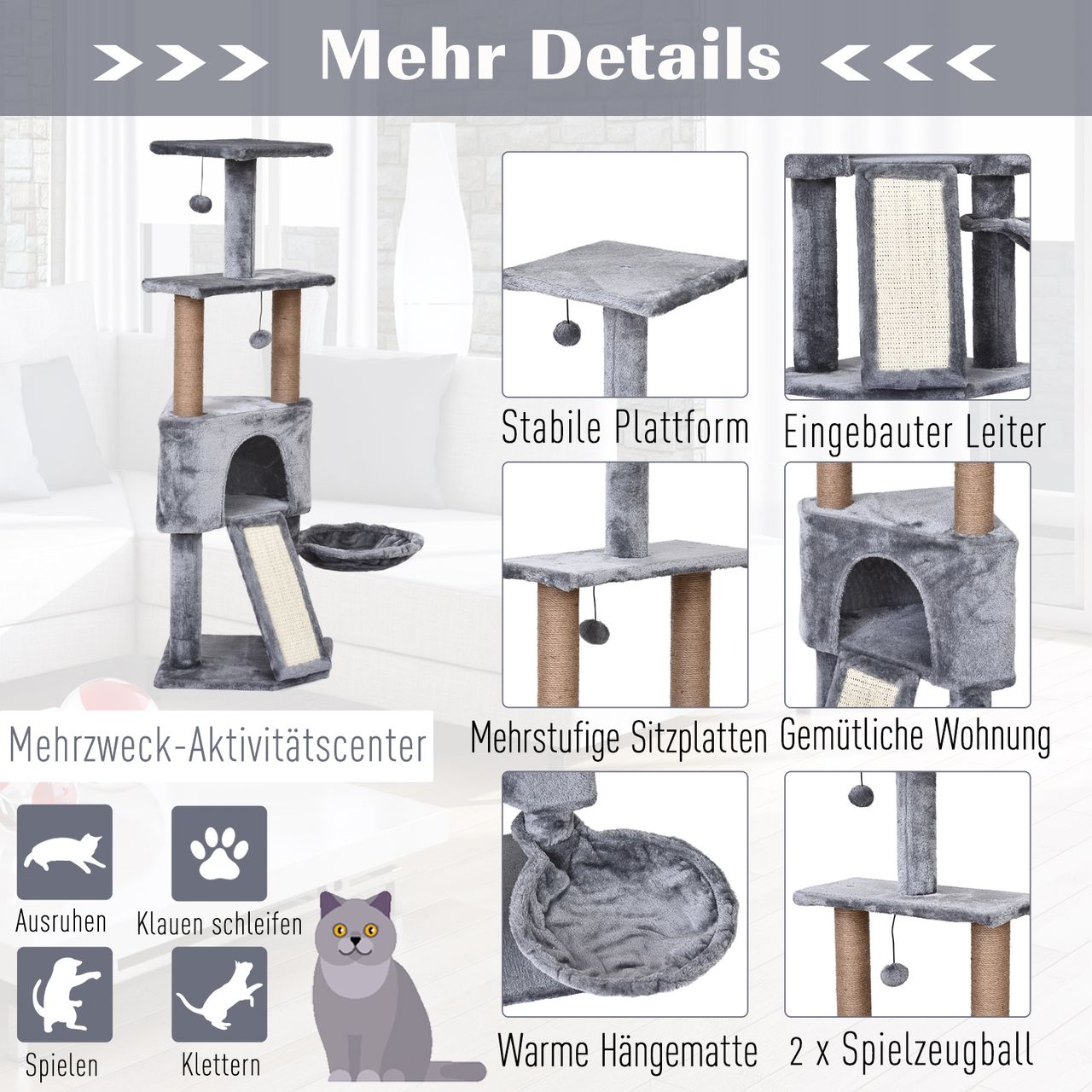 PawHut Katzenbaum mit Hängebett, 4-Stock Kratzbaum, Katzenhaus mit Spielbällen, mit Sisalsäule und Kratzbrett, Plüsch Grau 40 x 40 x 124 cm