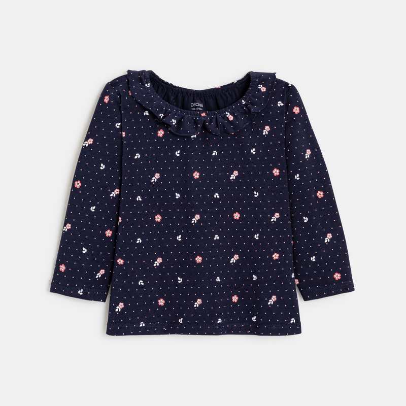 Tee-shirt fleuri col à volants bleu bébé fille