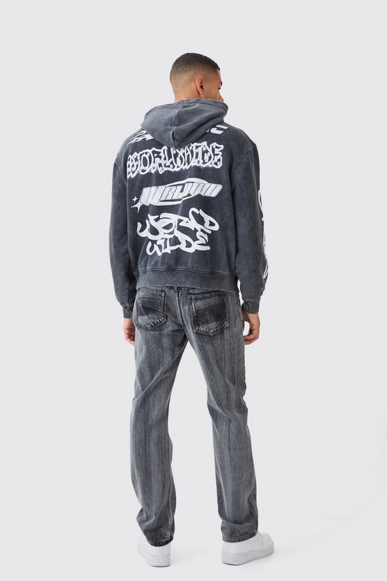 Kastiger Oversize Hoodie mit Acid-Waschung und Print