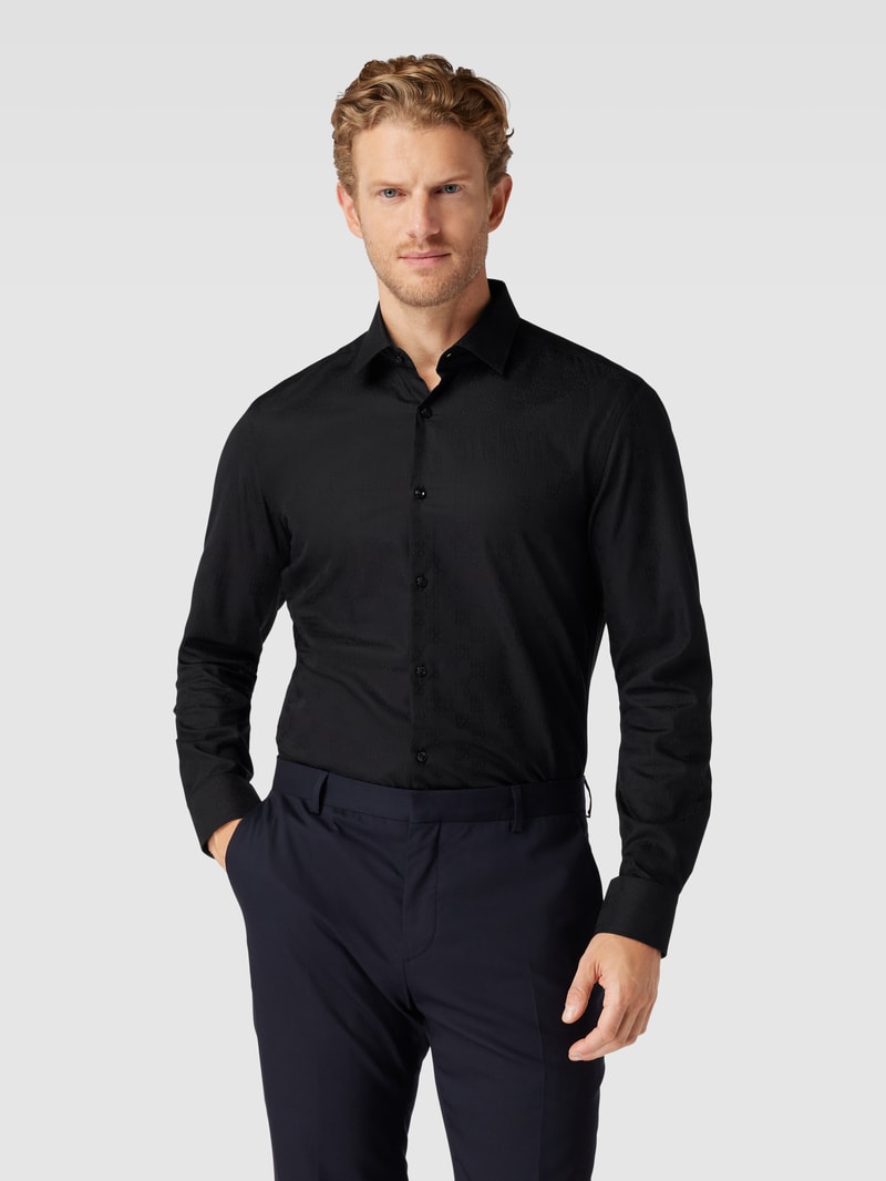 Slim Fit Business-Hemd mit Allover-Label-Muster Modell 'Kenno' in schwarz