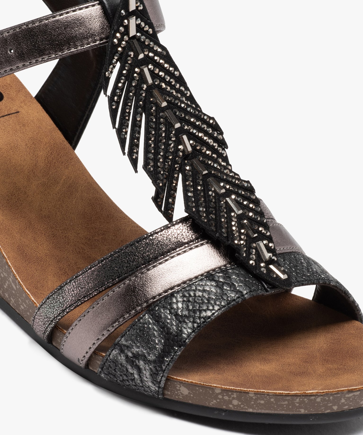 Sandales femme compensées avec plume ornée de strass noir | GEMO