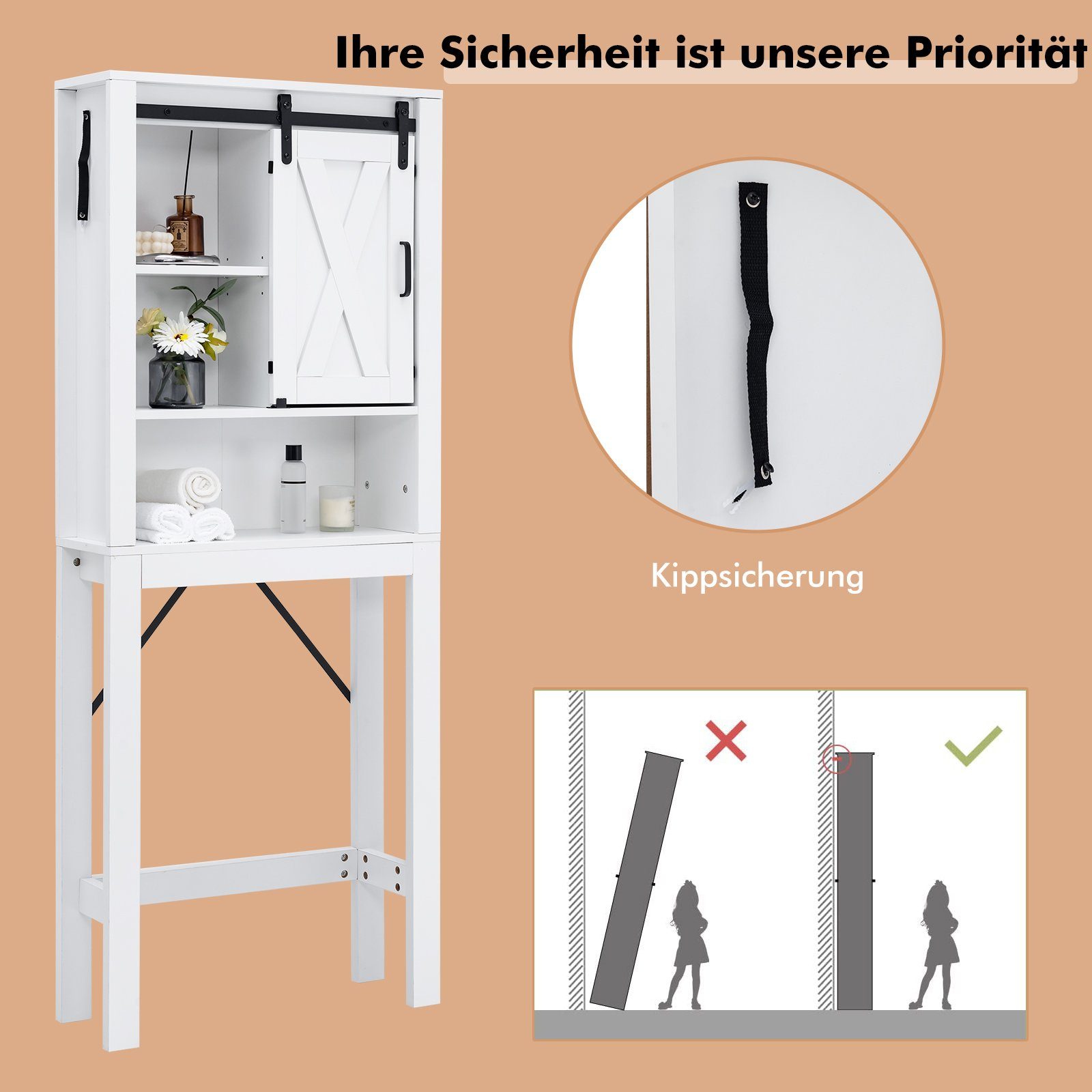 COSTWAY Waschmaschinenumbauschrank aus Holz,mit 3-Fach verstellbaren Regal