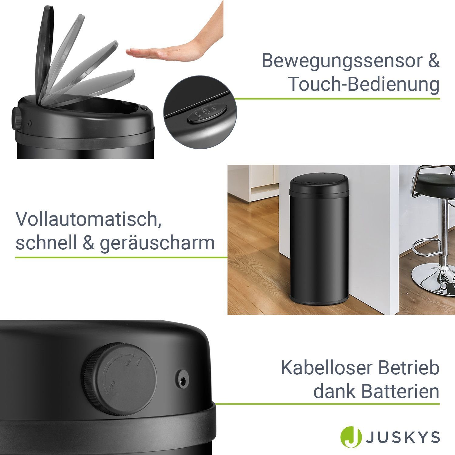 Juskys Mülleimer, 40 L Volumen, mit Sensor, geräuscharmes Öffnen / Schließen, rostfrei