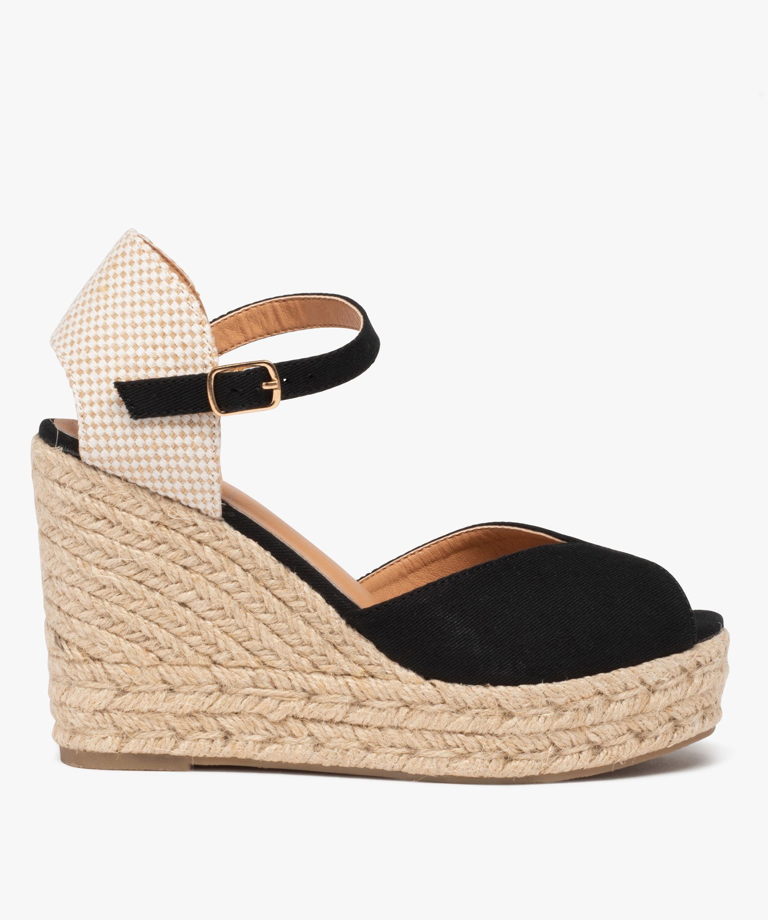 Sandales femme compensées dessus en toile unie noir | GEMO