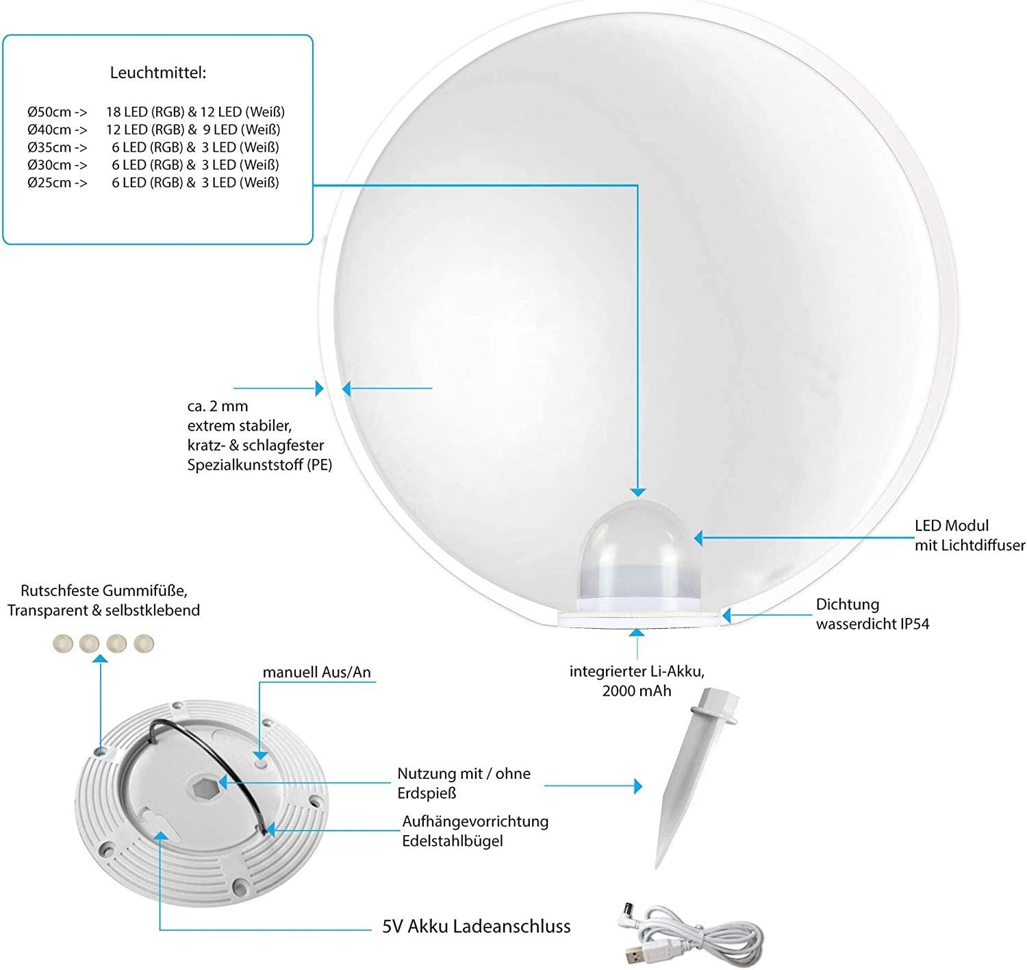 @tec Gartenleuchte Kabellose LED Kugellampe, LED, Outdoor, Kugellampe, Leuchtkugel, Ball, Farbwechsel, 42 Helligkeitsstufen, Fernbedienung, hängend, stehend, spritzwassergeschützt, IP54, Gartenleuchte, innen & außen, Akku, kabellos