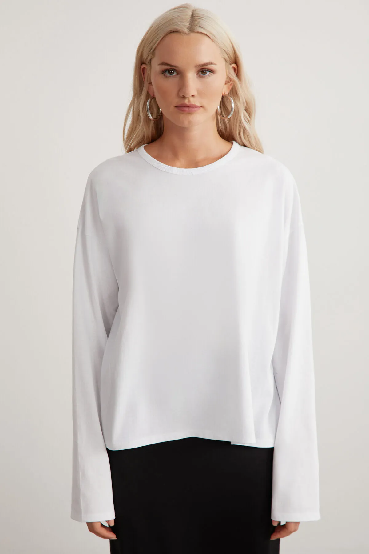 GRIMELANGE  Basıl Damen-T-Shirt aus 100 % Baumwolle, Rundhalsausschnitt, Oversize-Passform, langärmlig, weiß