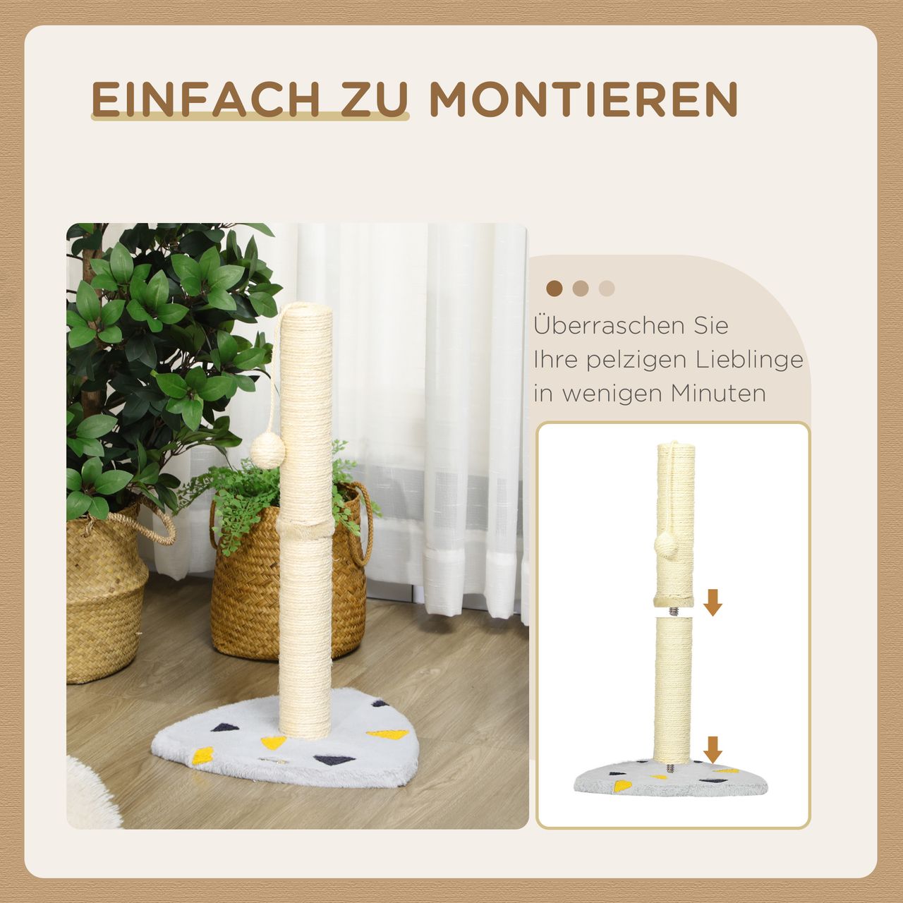 PawHut Kratzbaum, 62 cm, Kratzstamm für Katzen mit Kratzball, Katzenkratzbaum