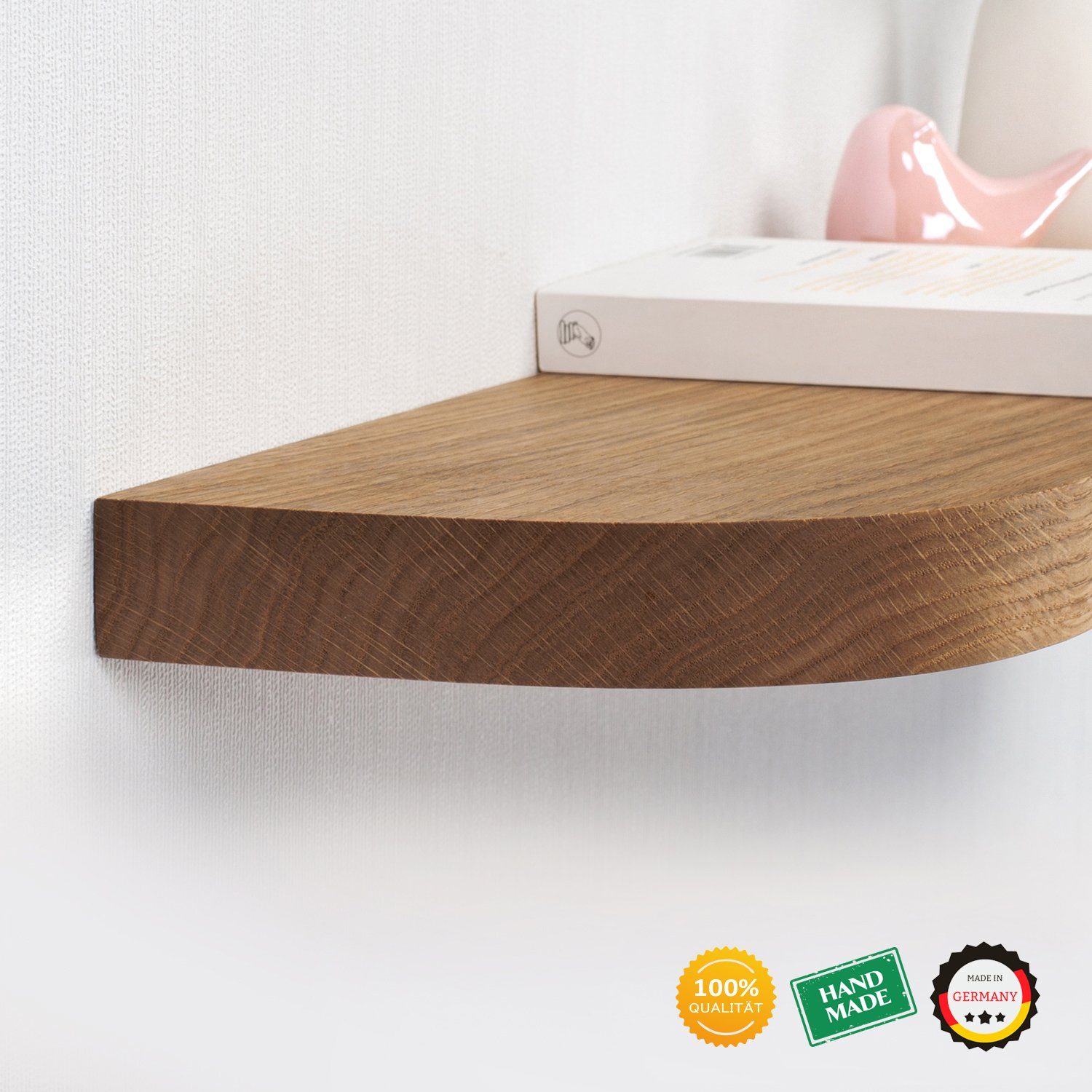 Rikmani Wandregal Holz Eiche massiv - Handgefertigtes Regal mit runden Ecken MARI II