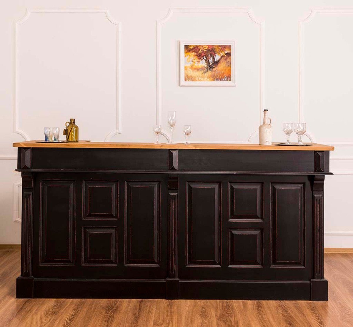 Casa Padrino Barschrank Landhausstil Thekenschrank Antik Schwarz / Naturfarben 220 x 65 x H. 107 cm - Ladentheke mit Schubladen und Ablagefächer