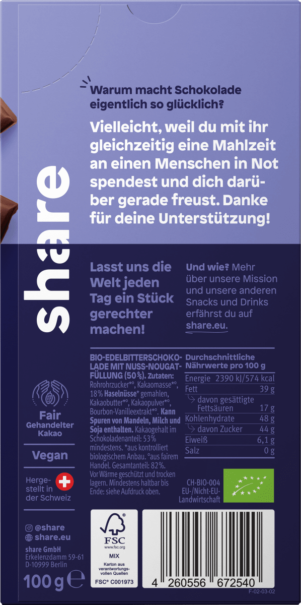 Schokolade, Nougat Edelbitter mit Nougatfüllung, vegan, 100 g