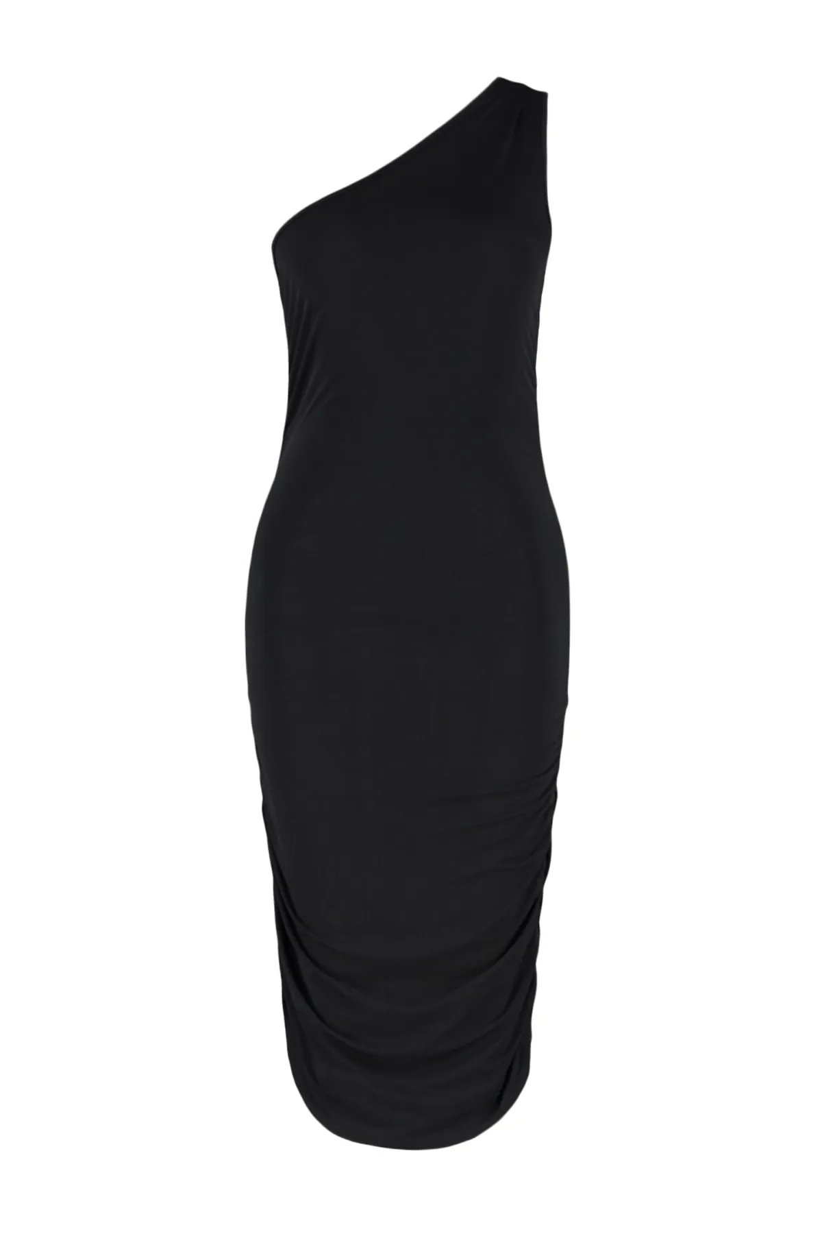 Trendyol Collection  Schwarzes, tailliertes, einschultriges Mini-Bleistiftkleid aus flexiblem Strick mit Raffung TWOSS23EL00402