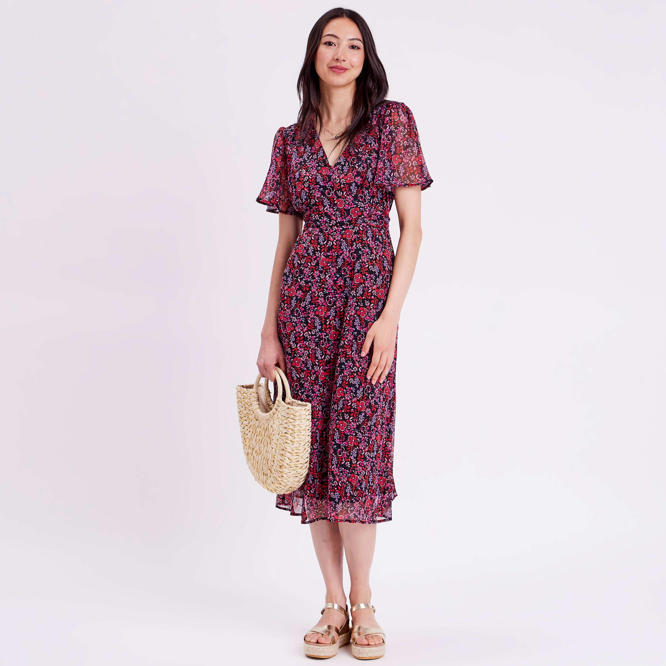 Robe longue évasée col en V rouge femme | Cache Cache