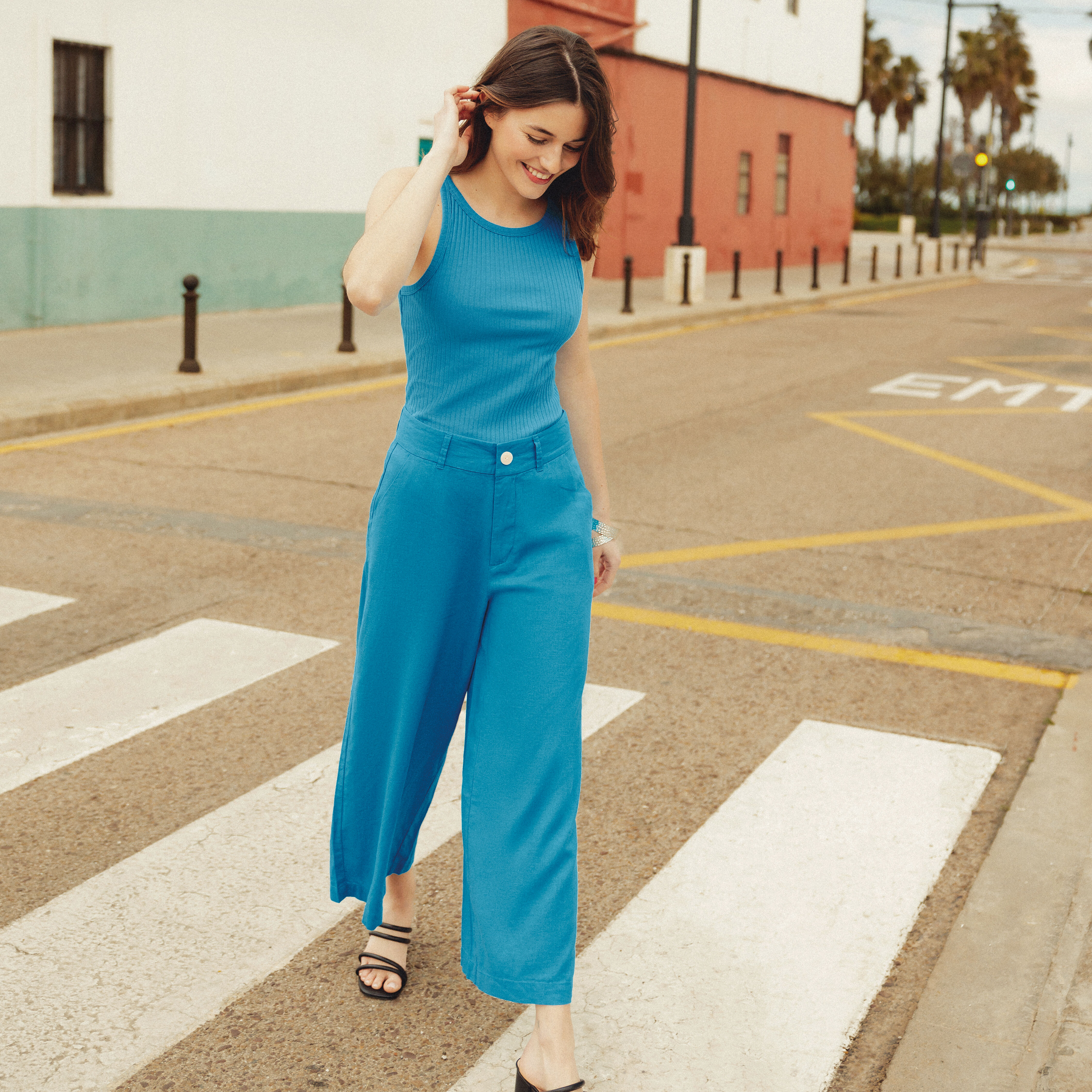 Pantalon large 7/8ème bleu femme | Cache Cache