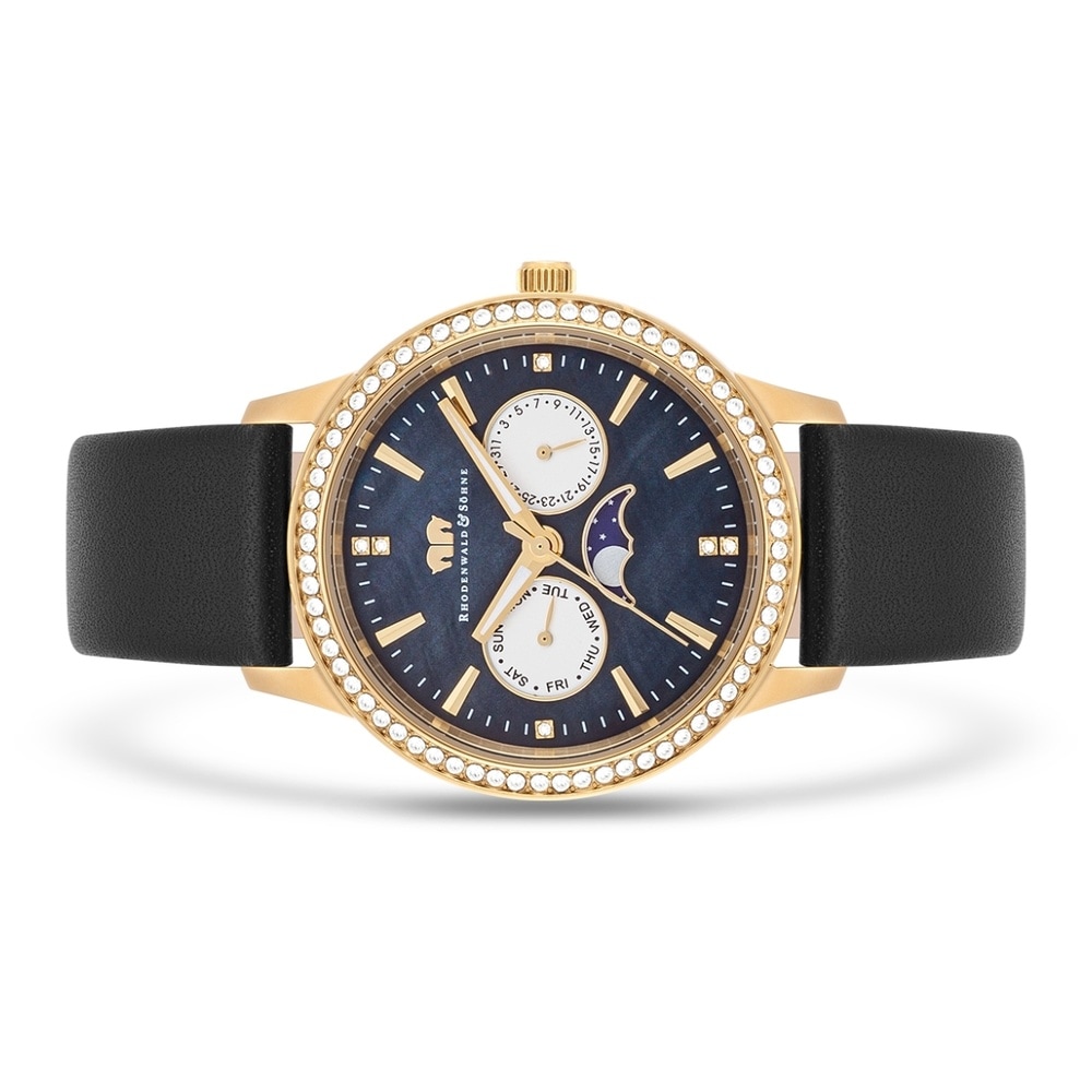 Rhodenwald & Söhne Multifonctions Amidala Or jaune Cuir véritable en Noir Montre